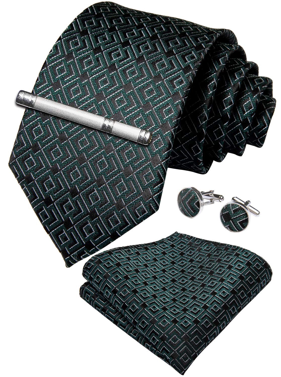DiBanGu Men's Silk Tie and Pocket Square Plaid Necktie Cufflink Set Formal (Black Green)