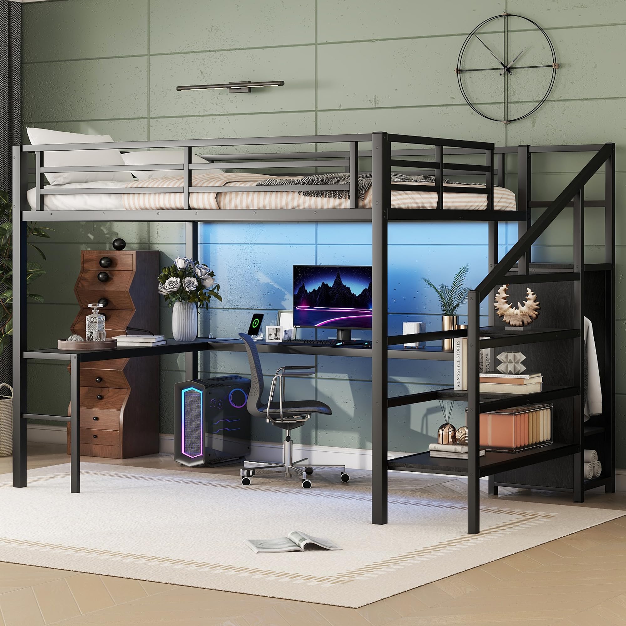 Bellemave Queen Loft Bed with Desk, Storage, and Stairs