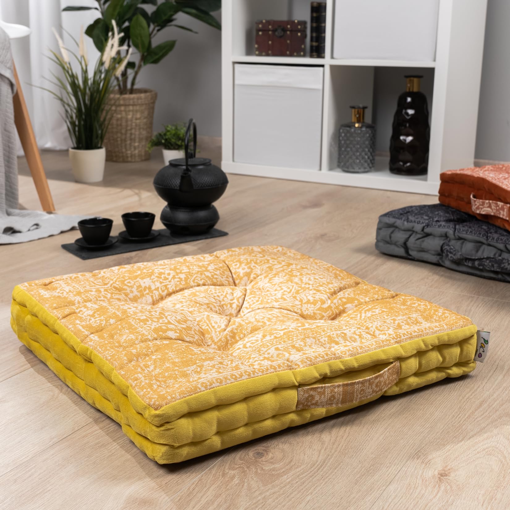 Paco Home Vloerkussen Vloer Kussen Zitkussen versch. Kleuren Binnen Kussen Zacht Docoratief Rond Uni Yoga Meditatie, Kleur:Oker 2, Maat:50x50x8cm