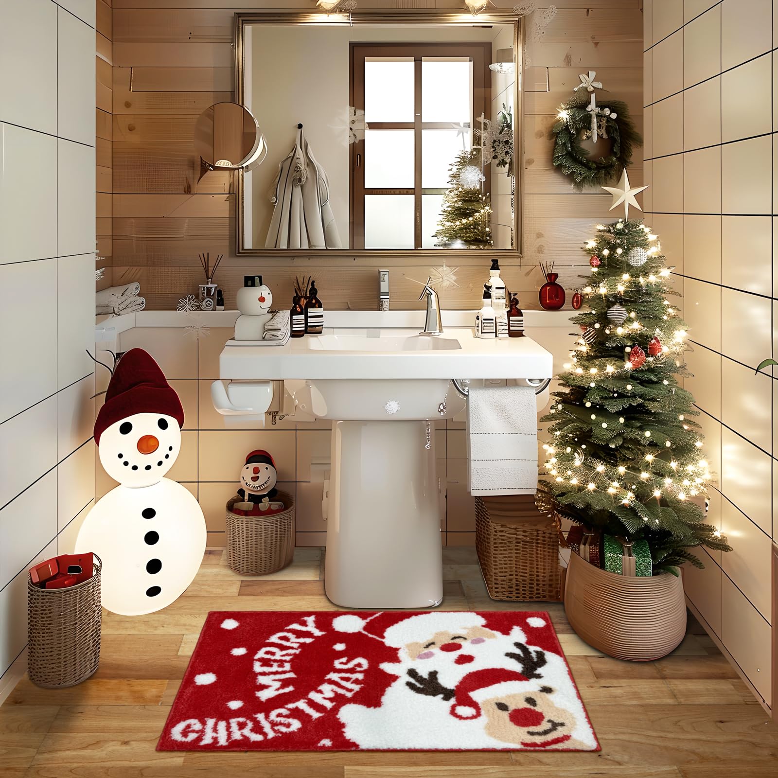 APROPHIC Weihnachten Badezimmer Teppich 50x80 cm, Santa Rutschschutzmatte, Niedliche Hirsch Reinigbar Badematte, Ultrafeine Mikrofaser Wasserabsorbierende Badematte, Geeignet Für Badezimmer, Wäscherei