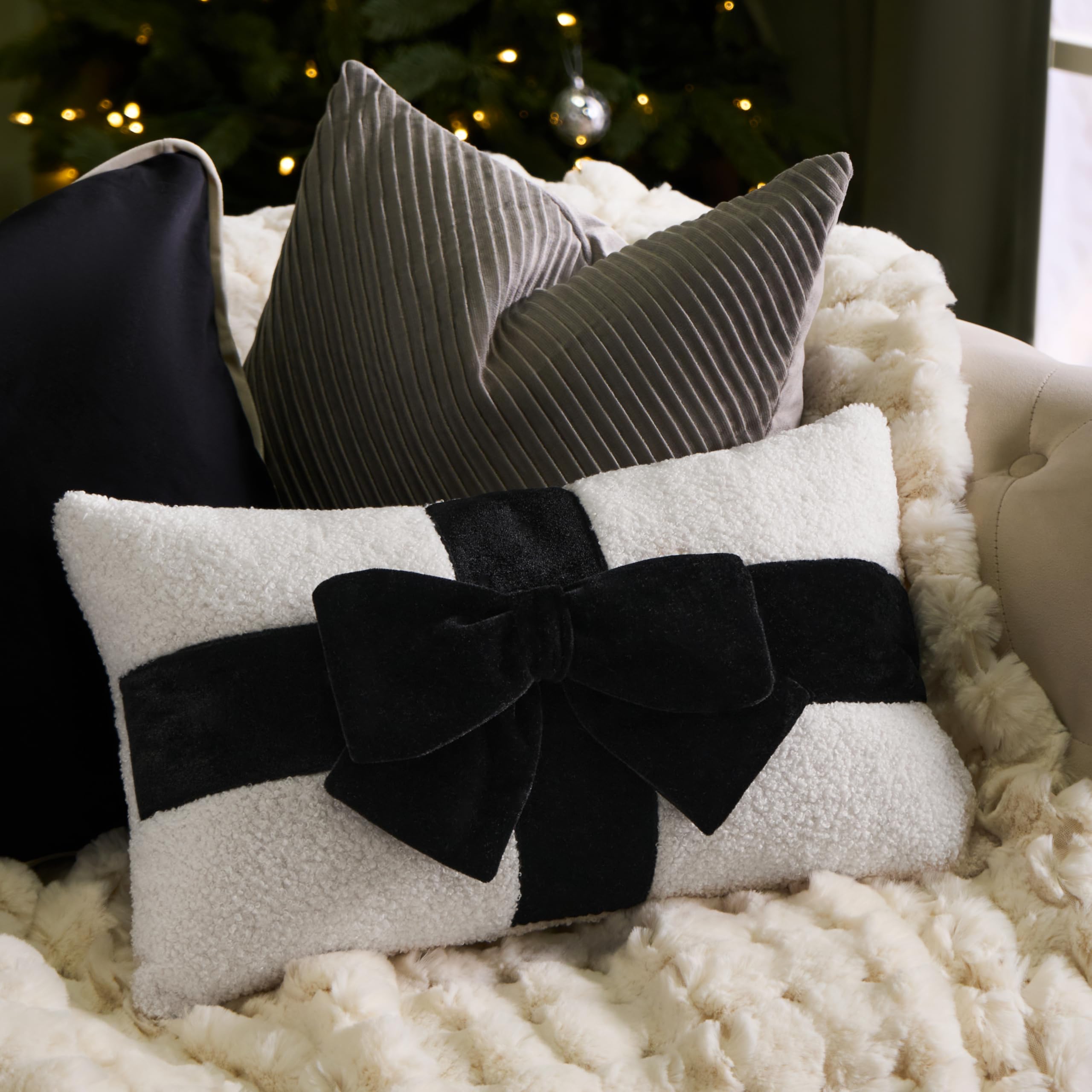 Ohs Bow Wrapped Boucle Throw Pillow Scatter CushionBlack from B&Q
