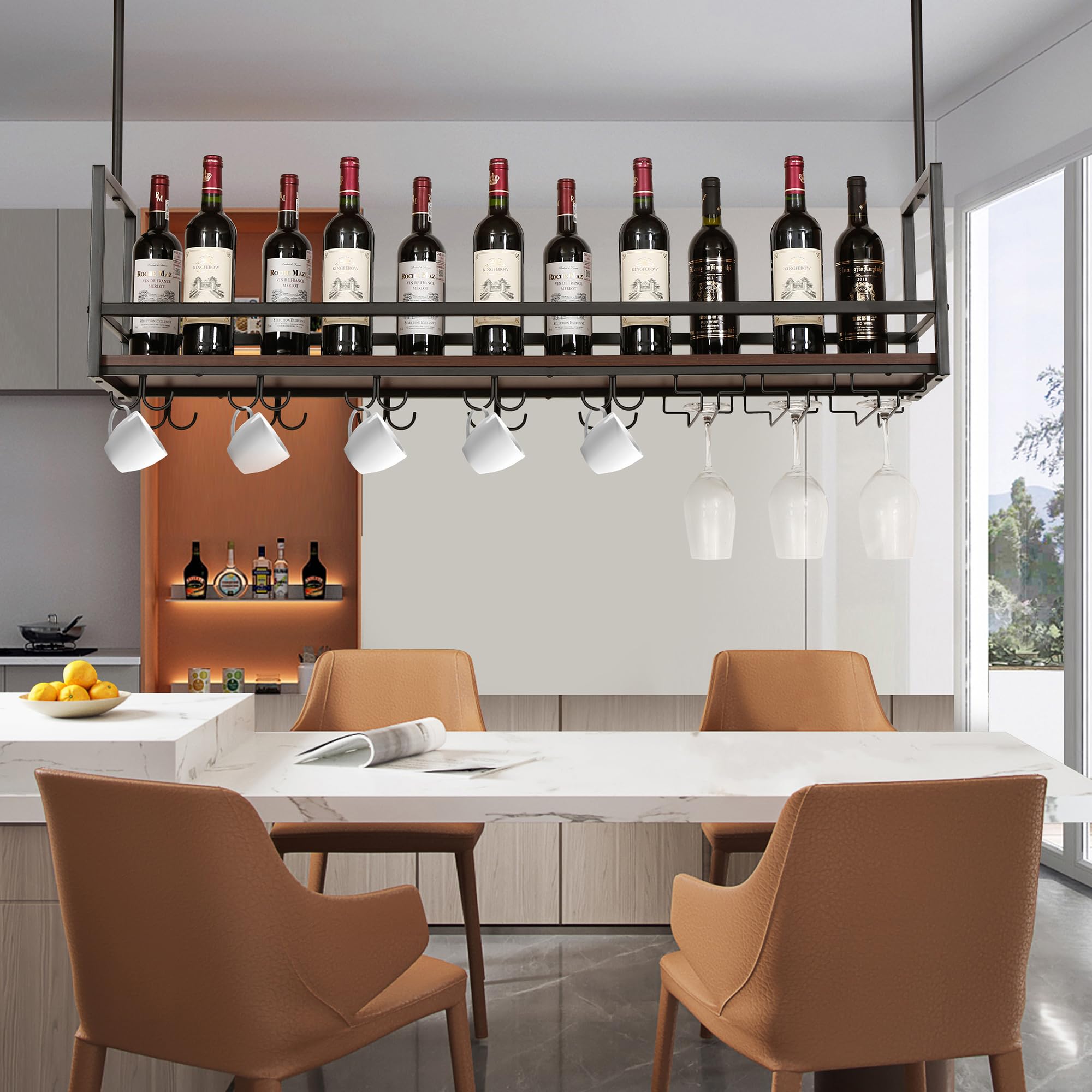 [en.casa] Botellero Vino Borejle Estantería Estante de Techo para Vino Licores Soporte Colgante para Copas Tazas para Cocina Cafeterías Metal/MDF 120 x 30 x 65 cm Negro y Efecto Nogal
