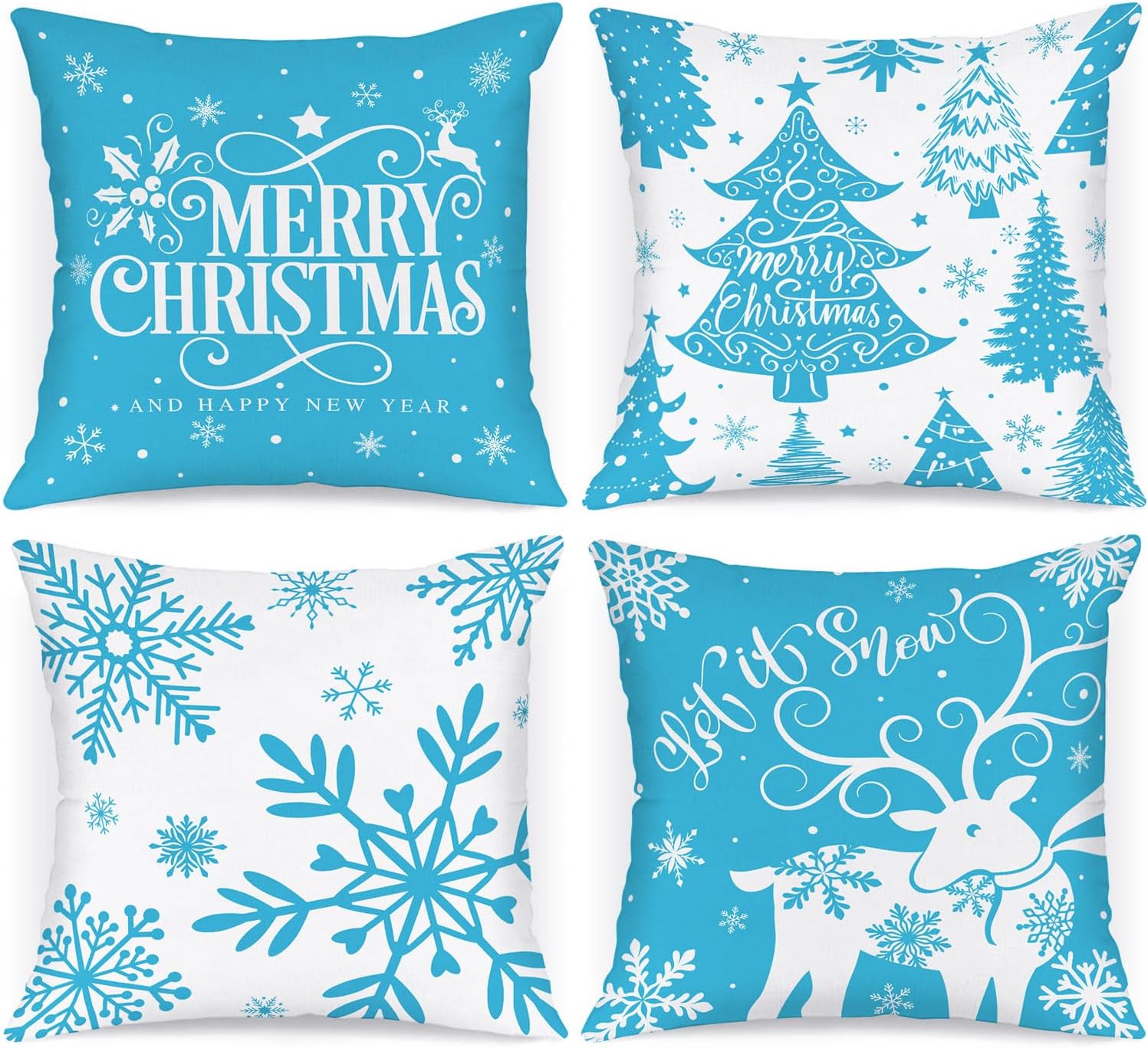 Lanpn Christmas Throw Pillow Covers 18x18, Blue White Snowflake, Set of 4