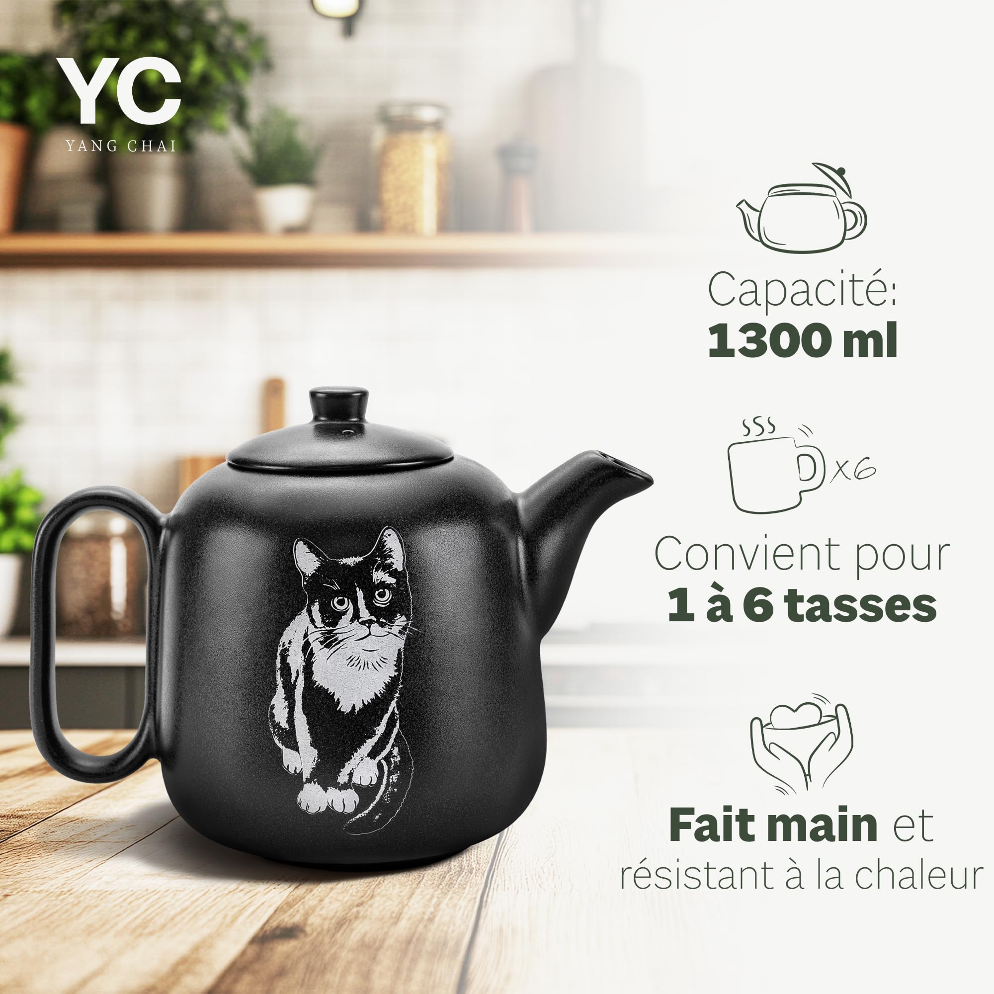 YC Yang Chai Théière avec Réchaud - Céramique Noir Mat 1,3L - Théière avec Infuseur - Artisanale, Antigoutte & Résistante à la Chaleur - Chaleur longue Durée - YC GATOLO