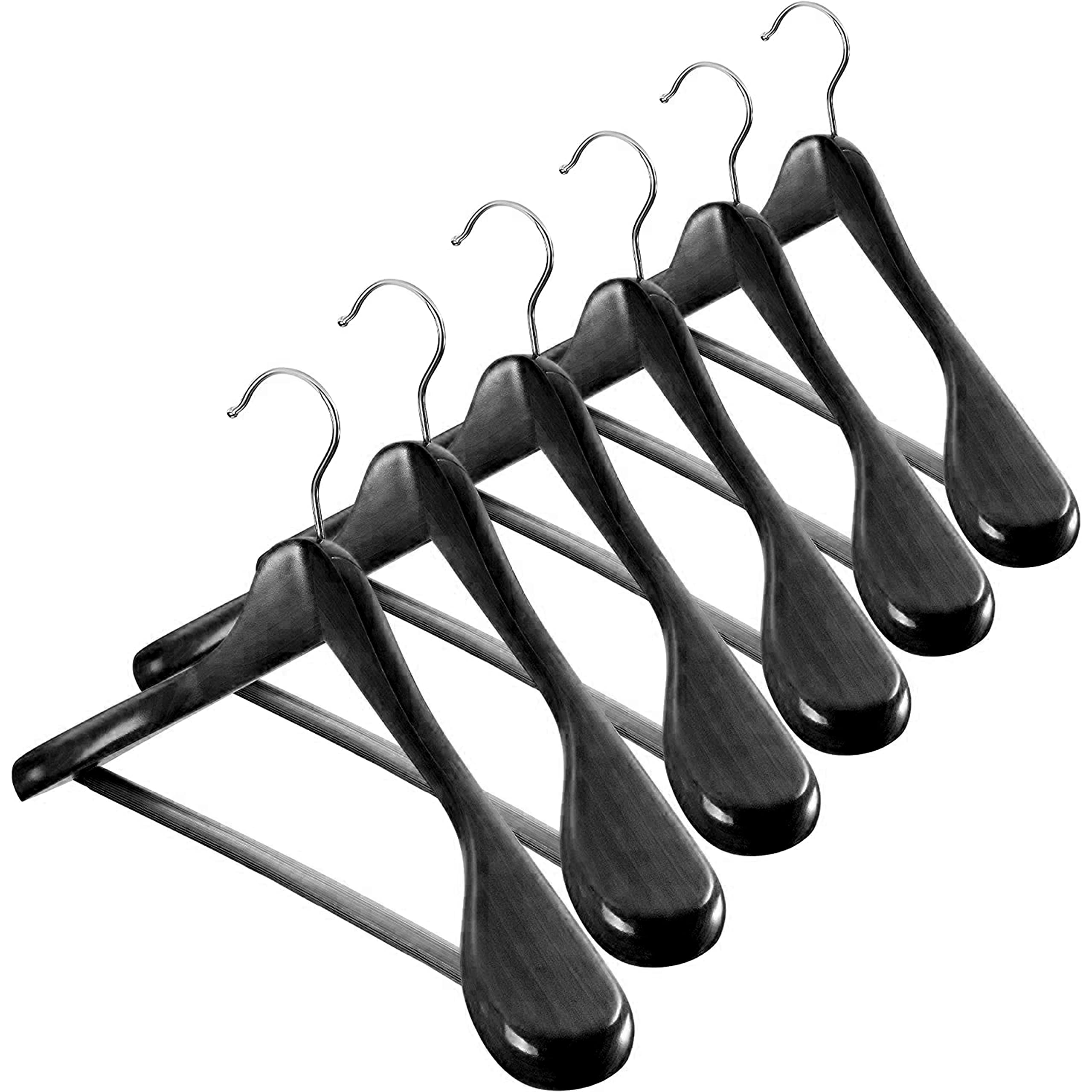 Wide Shoulder Wooden Coat Hangers with Non Slip Pants Bar - 360° Swivel Hook Hangers for Jackets, Suit, Pants, Coats (Pack of 2, BLACK)
