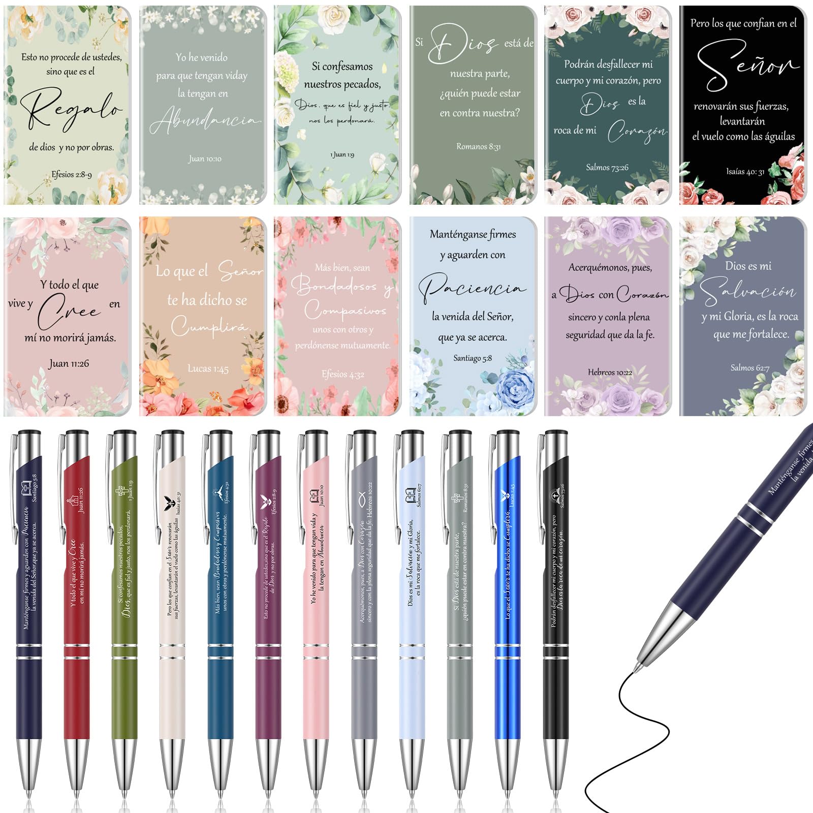 Eaasty 24 Pcs Spanish Christian Gift for Women Christian Bible Notebook Spanish Ballpoint Pen Motivational Inspirational Scripture Regalos Cristianos