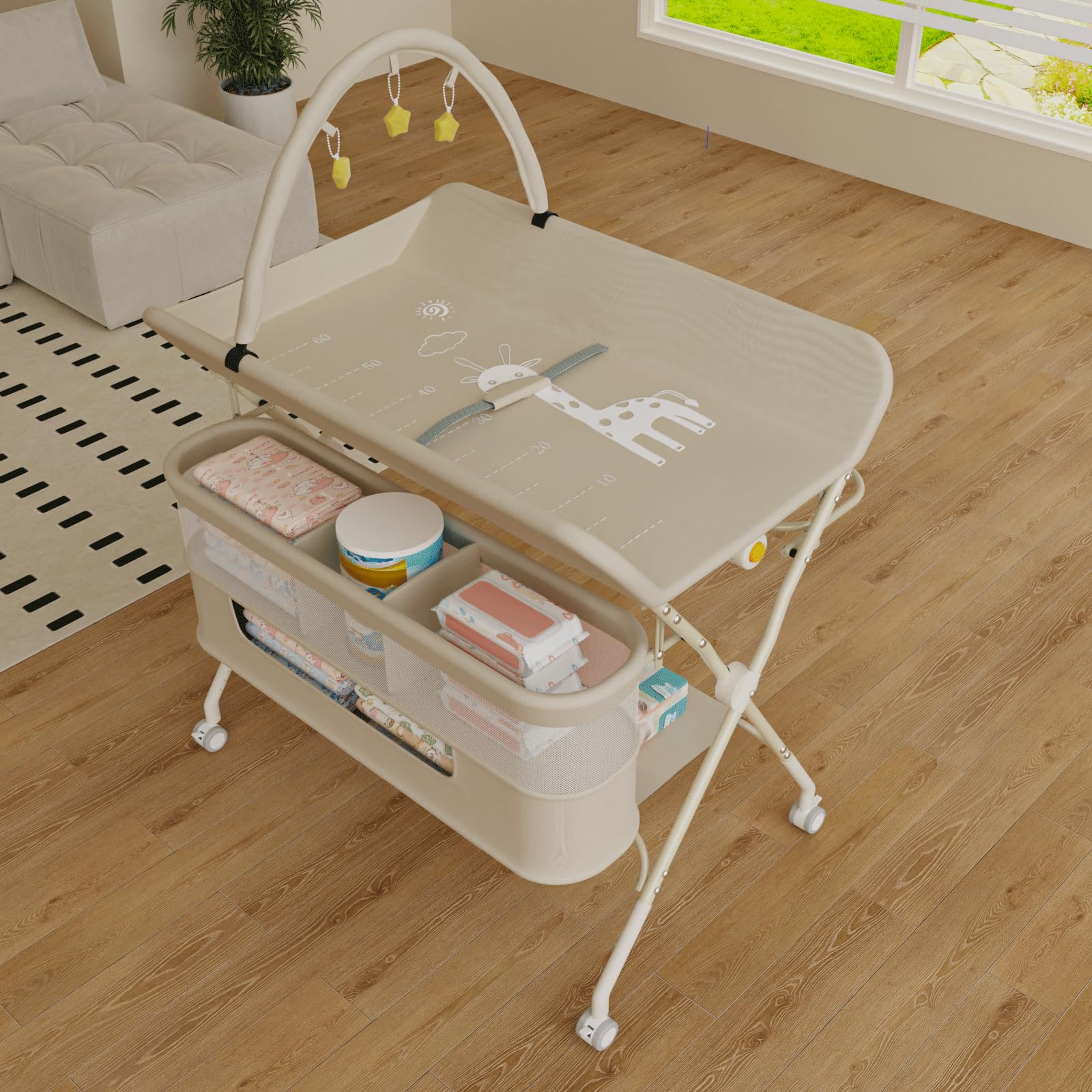 OHMG Table à Langer Pliable, Plan à Langer avec Panier Latéral et roulettes et 3 Jouets,Organiseur de Couches 5 Réglable en Hauteur, Rangement Multifonction pour Chambres d'enfant，75x68x83-91cm