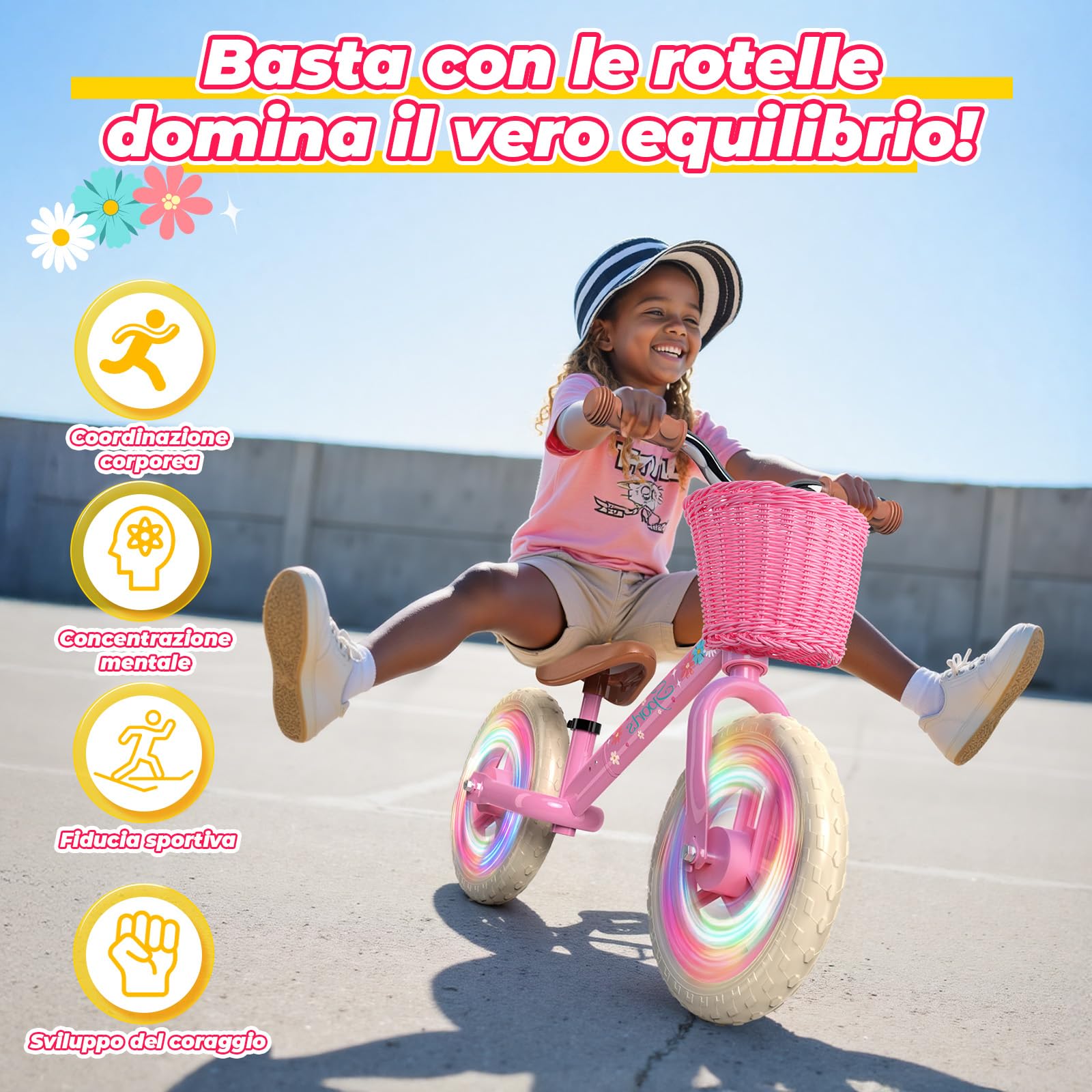 HappyGoLucky Bici Senza Pedali 2-5 Anni, Bicicletta Bambina – Ruote Luminose/Altezza Regolabile/Cestino Intrecciato, Giochi Regalo Giocattoli Gioco Bambina 2-5 Anni