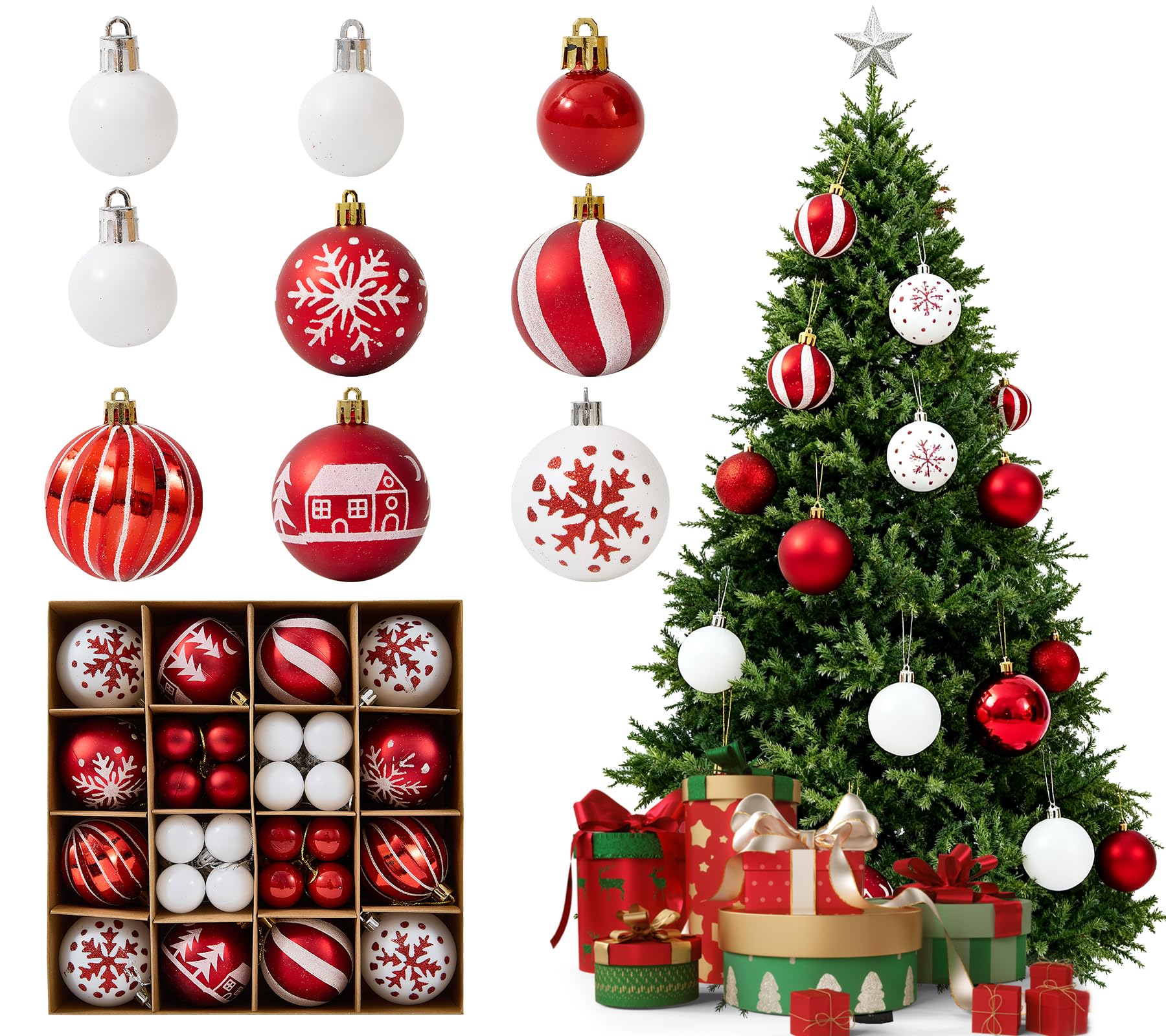 Bolas de Navidad decorativas de plástico en color rojo y blanco, pack de 16 para colgar