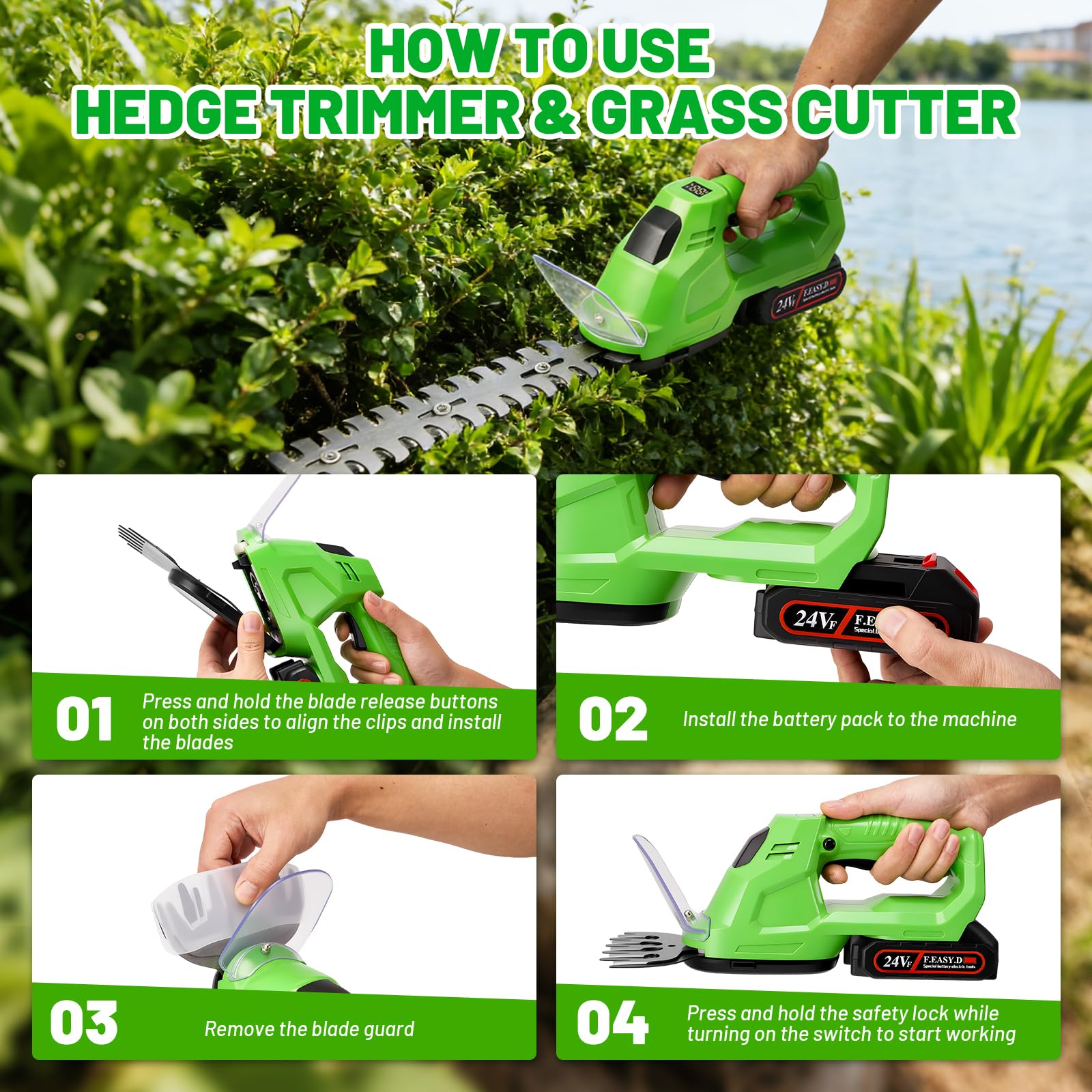 Heckenschere 21 V, 2 in 1, kabellos, mit Hecken- und Rasenklinge, elektrische Heckenschere mit 2 Batterien à 2000 mAh, batteriebetriebene Heckenschere mit digitaler Ladeanzeige, für Sträucher, Garten