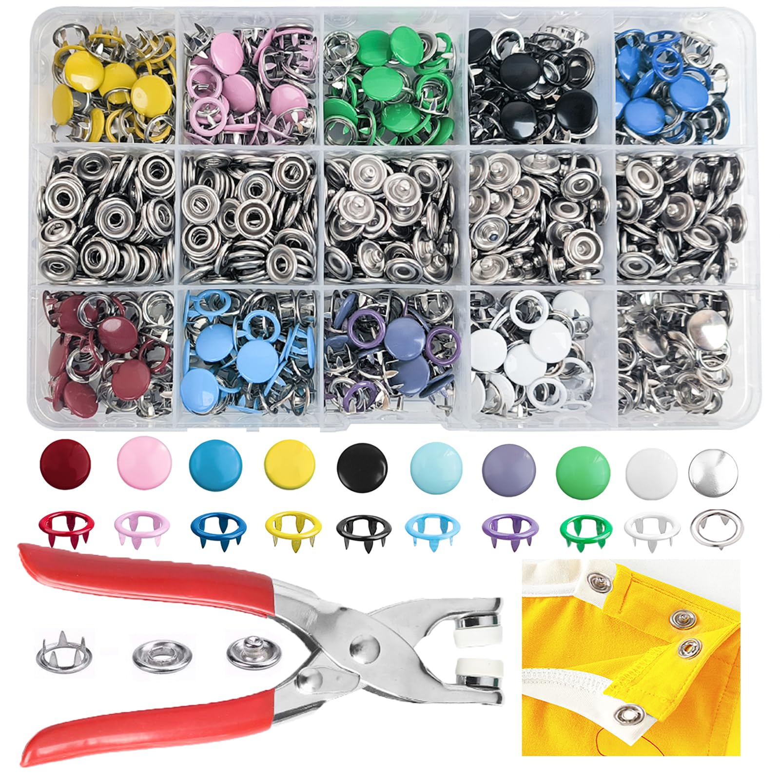 GTAAOY 800PCS Metal Snaps Buttons with Fastener Pliers Press Tool Kit Perfect for DIY Crafts Clothes Hats and Sewing, Snap Button Fasteners Kit for Clothing Sewing(200 Sets,10 Colors,9.5mm)