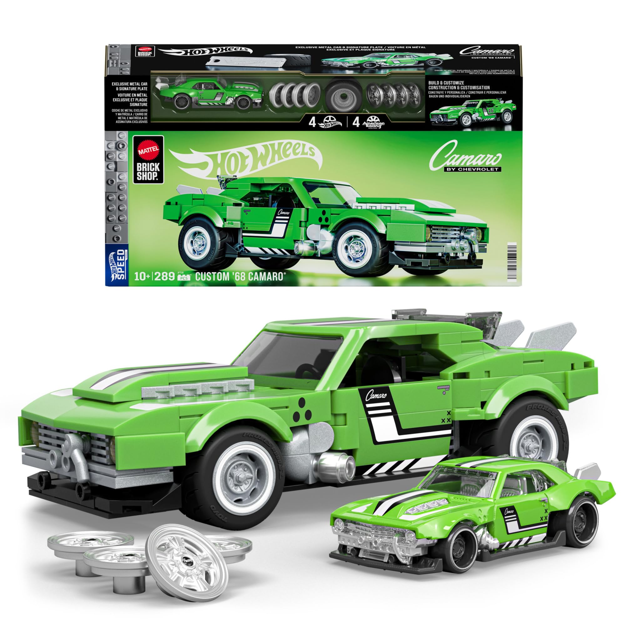 Mattel Brick Shop Hot Wheels Speed Series Building Set, Custom ’68 Camaro with 289 Pieces, Realistic Details and Custom Decals, Adult Collectors and Kids Ages 10+, JFT16