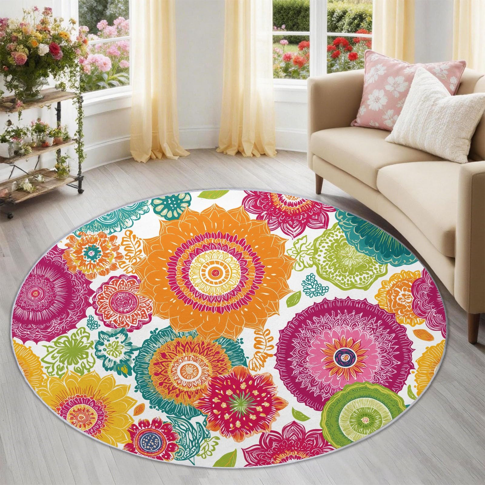 Tapis rond enfant 160 cm mandala bohème lavable antidérapant pour salon