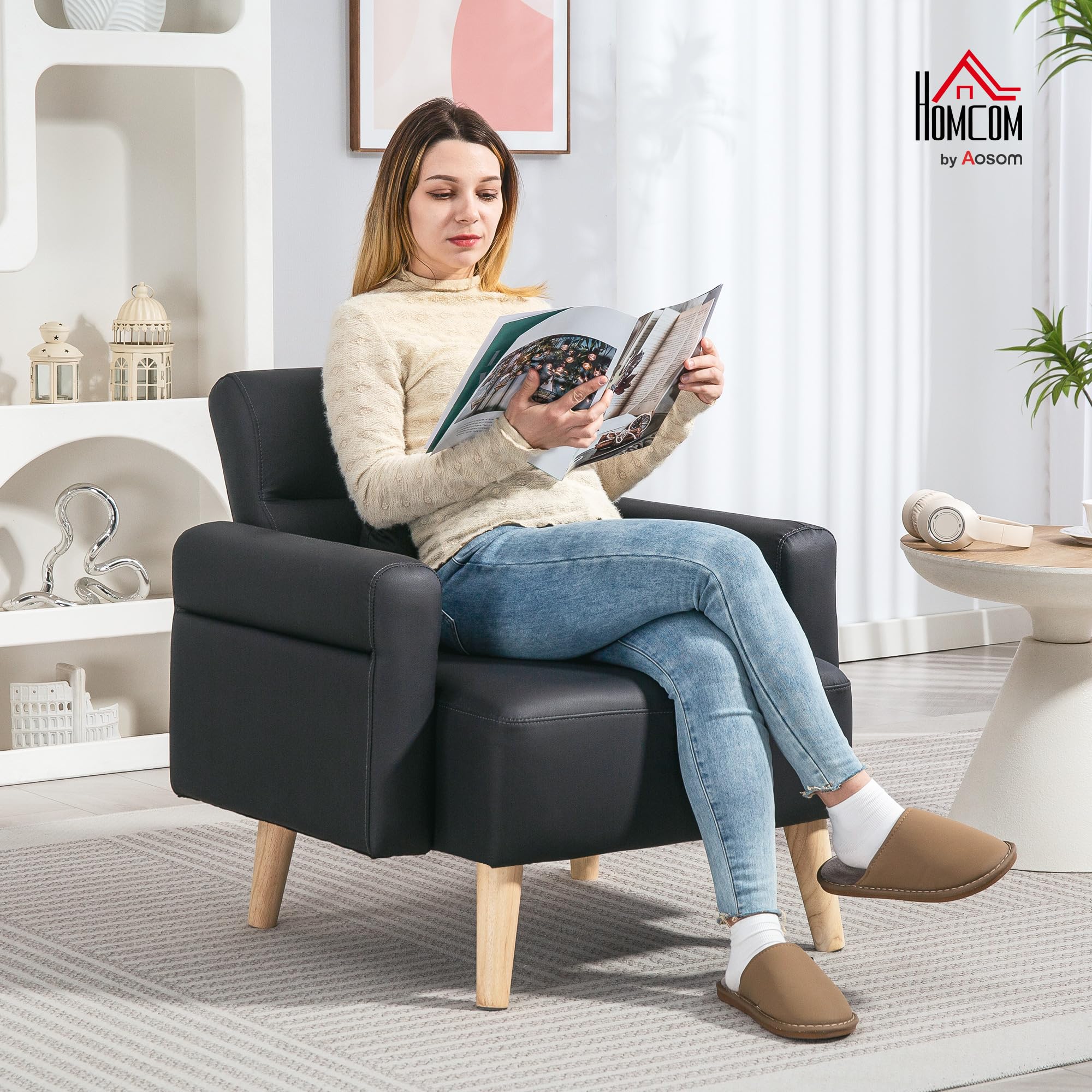 HOMCOM Sillón de Salón Tapizado en Cuero Sintético Butaca de Salón de 77 cm con Reposabrazos Acolchado Grueso Respaldo Acanalado y Patas de Madera para Dormitorio Sala de Estar Negro