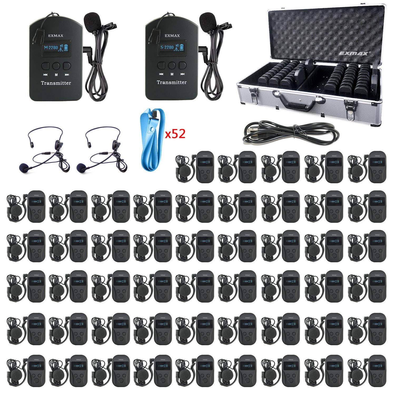 EXMAX EXD-101 2.4G Wireless Audio Transmission Whisper Microphone Church Translation Equipment Tour Guide System for Multilingual Conference Seminars 2 Transmitters 50 Receivers 64-slot Charging Case
