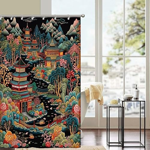 Miniatura 1064 de Cortinas de ducha de baño con ganchos, 72 x 92 pulgadas, cortina de ducha de tela impermeable con diseño de flores y pájaros, cortina de ducha