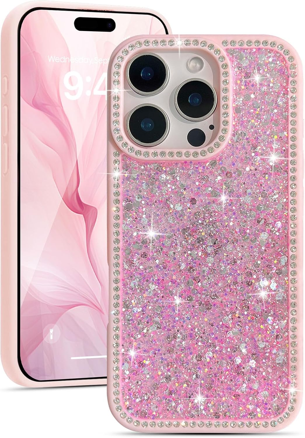 EYZUTAK for iPhone 16 Plus Case, Luxury Bling Shiny Glitter Sequin Phone Case with Sparkly Crystal Diamonds Rhinestone Border Aesthetic Cute Slim Soft Durable TPU Protective Cover for Women Girls-Pink