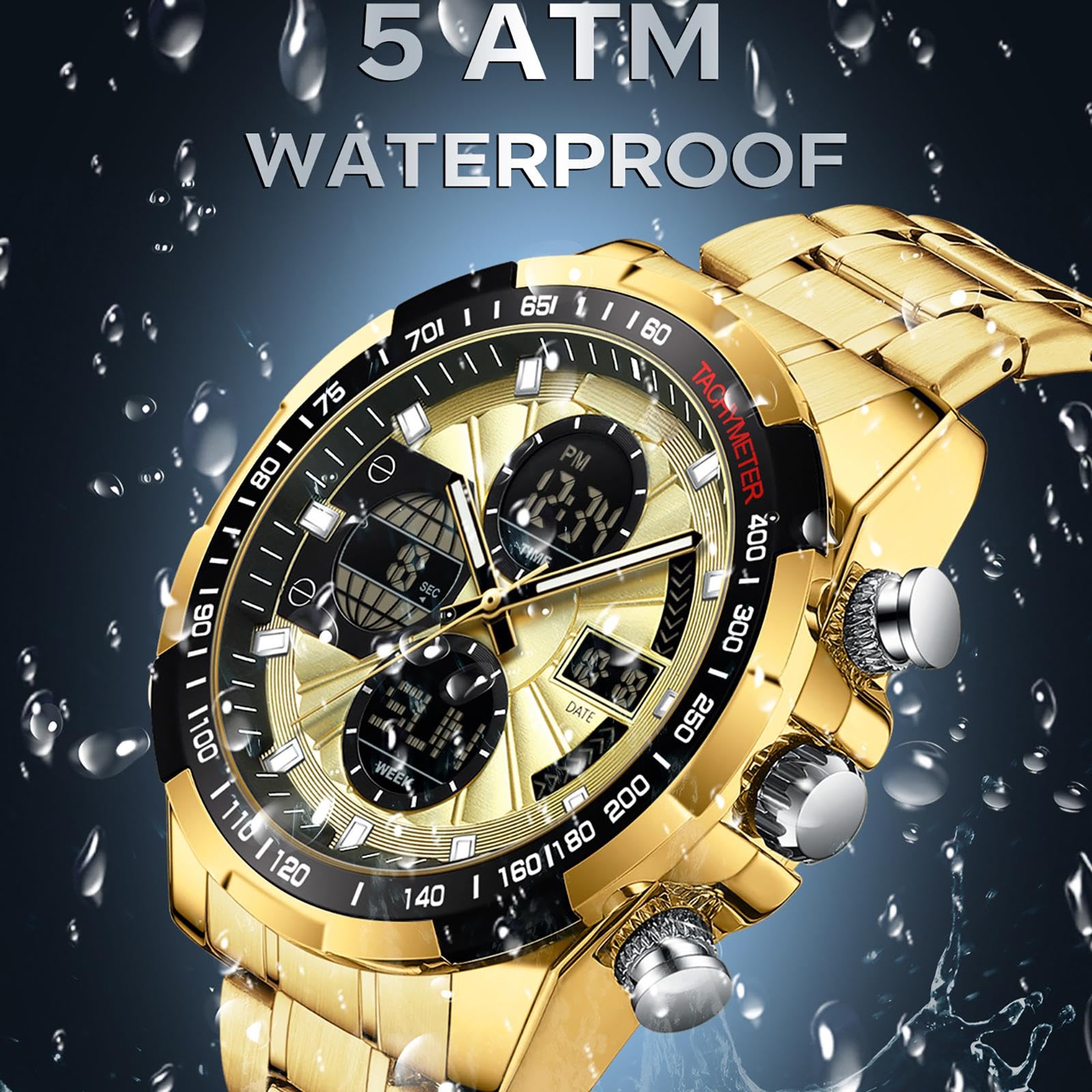 findtime Relojes de lujo para hombre, acero inoxidable, dorado, reloj de pulsera para hombre, con alarma, temporizador, fecha, cronómetro, resistente al agua, 5 ATM, reloj analógico digital para