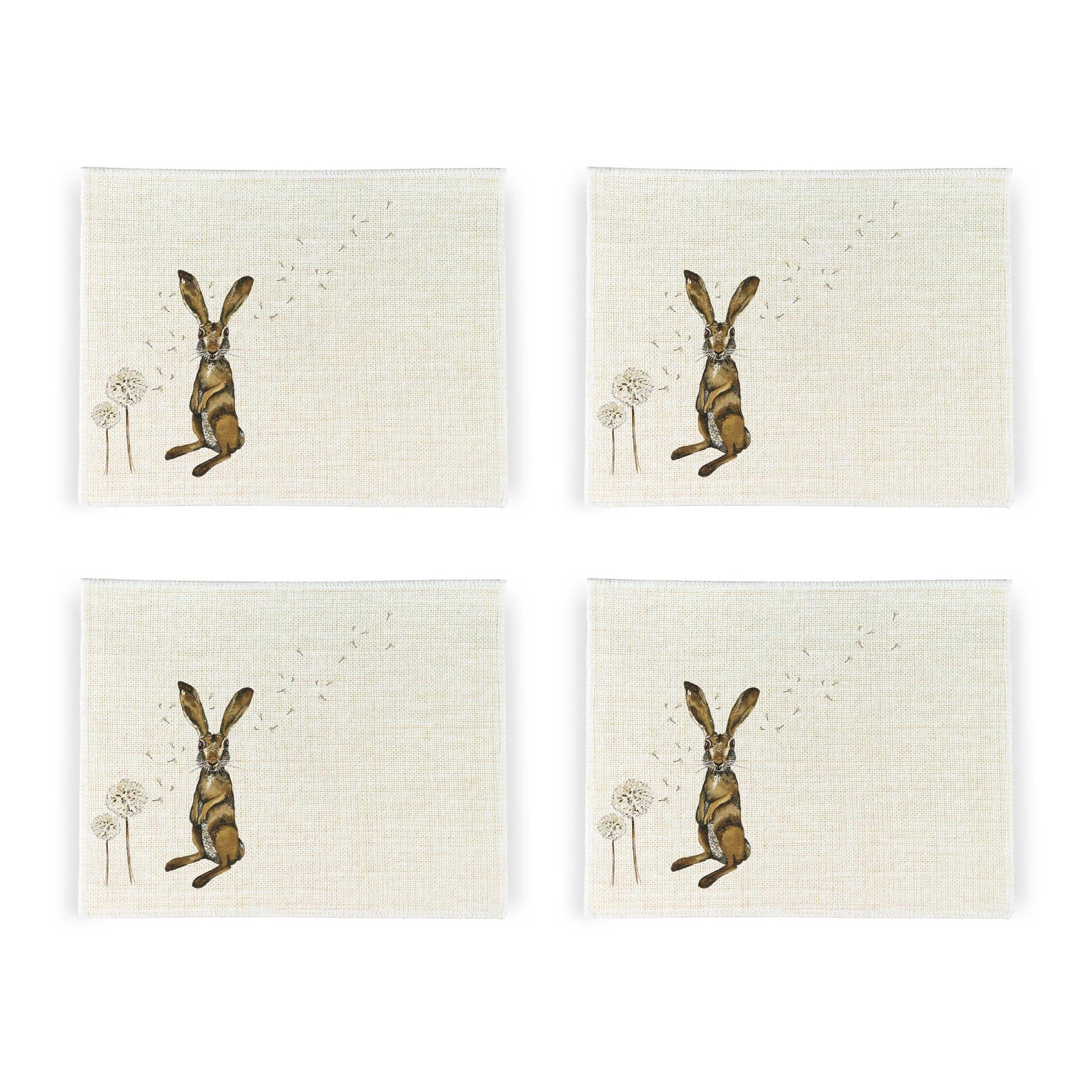 Hares Fabric Placemats Set - Rectangle Painted Wildlife & Dandelions By Rhiannon Chauncey - Set of Four (4) Table Placemats Gift