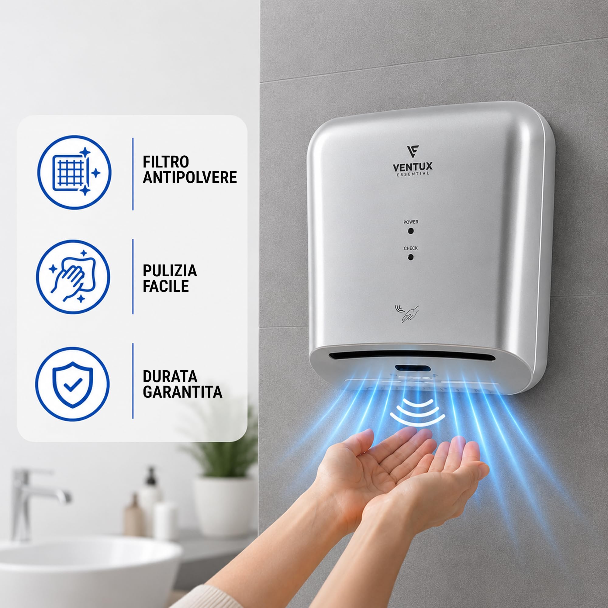 Sèche-mains électrique blanc mural – automatique à photocellule IP24 | Démarre seul par cellule – Plus de papier à jeter – Sanitaires publics et bureaux