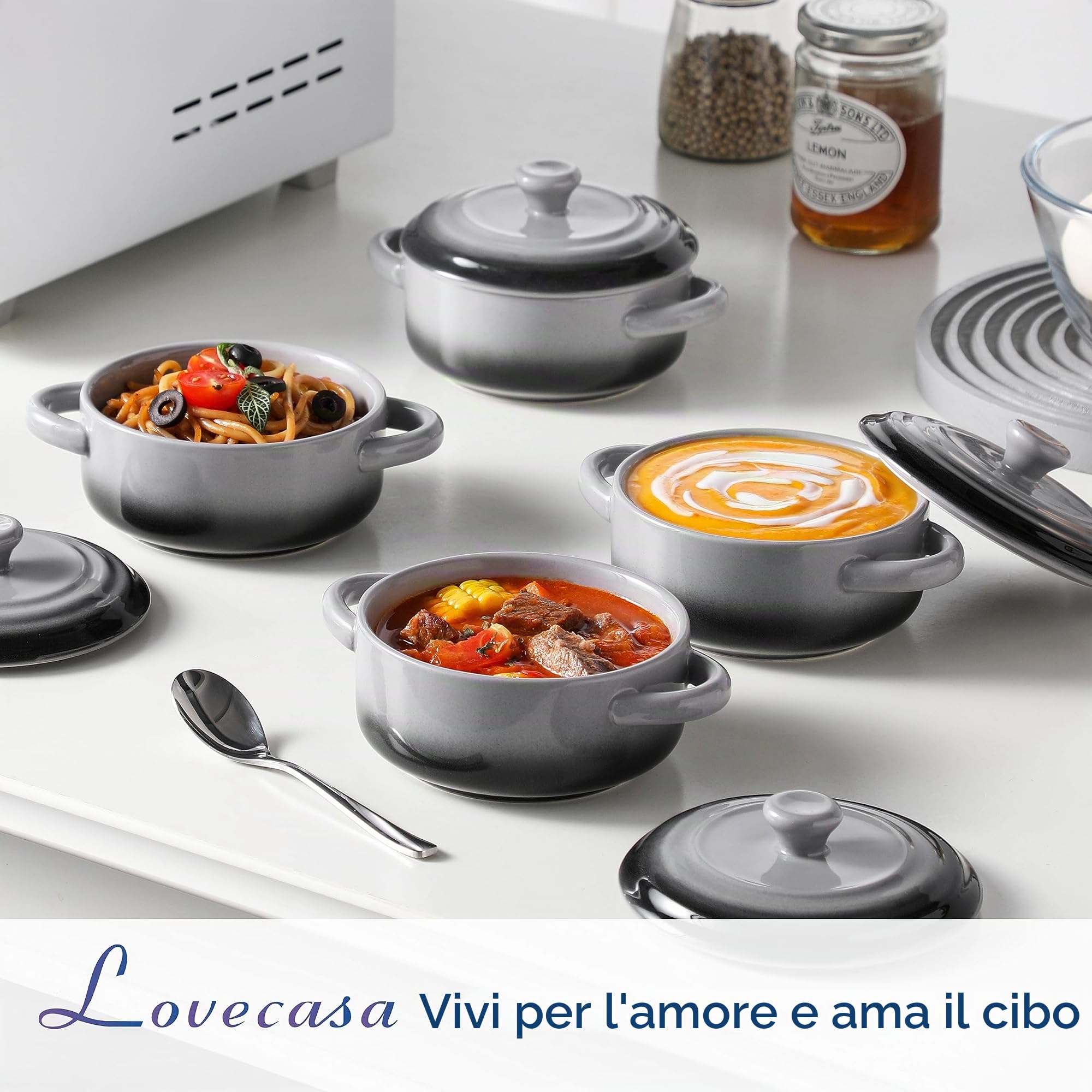 LOVECASA Mini Cocotte 420 ml Set 4 Casseruole da Forno in Gres con Coperchio 12 x 5,5 cm, Mini Casseruole Rotonde con 2 Manici, Stampi per Torte, Terrine da Forno Monoporzione, Grigio-Nero Graduale