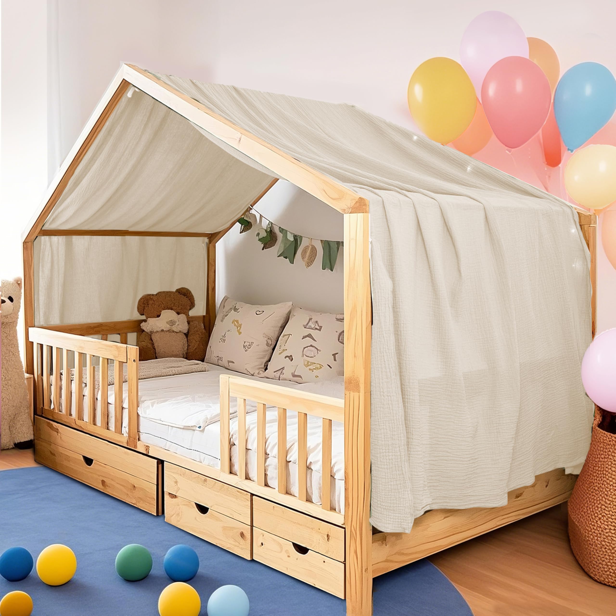FloraVigo Handgefertigte Bettdecke für den Innenbereich, 100% Baumwolle, Musselin, Bettüberwurf für Zuhause, Bettdekoration, geeignet für Mädchen, Jungen (132 x 420 cm Hellbeige)