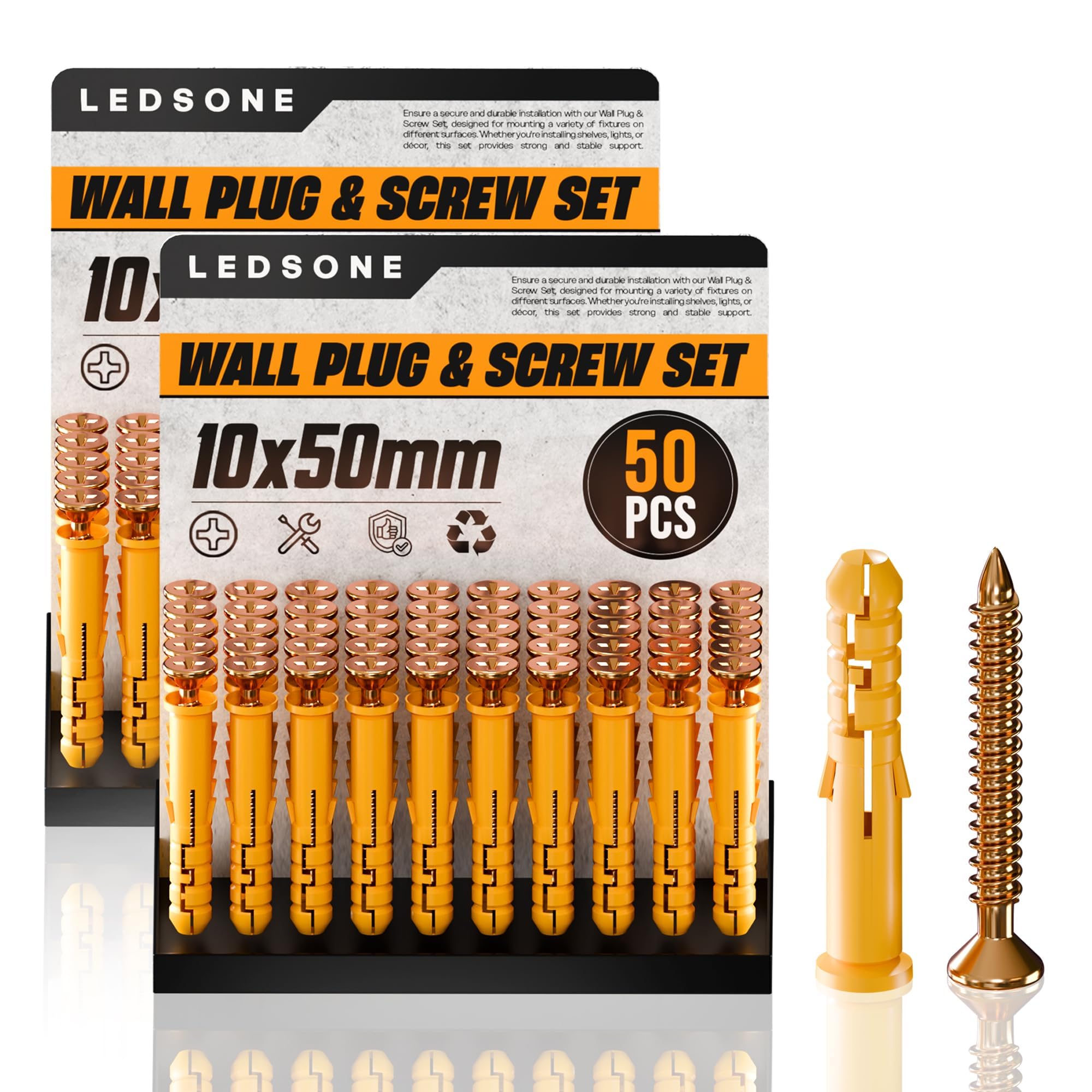 LEDSone 10 x 50 mm Screws and Wall Plugs Set 50pcs X 2 Masonry Brick Concrete Fixings Plugs Kit Plugs and Screws in Compartment Box Zinc Galvanized Wood Screw โ image 1