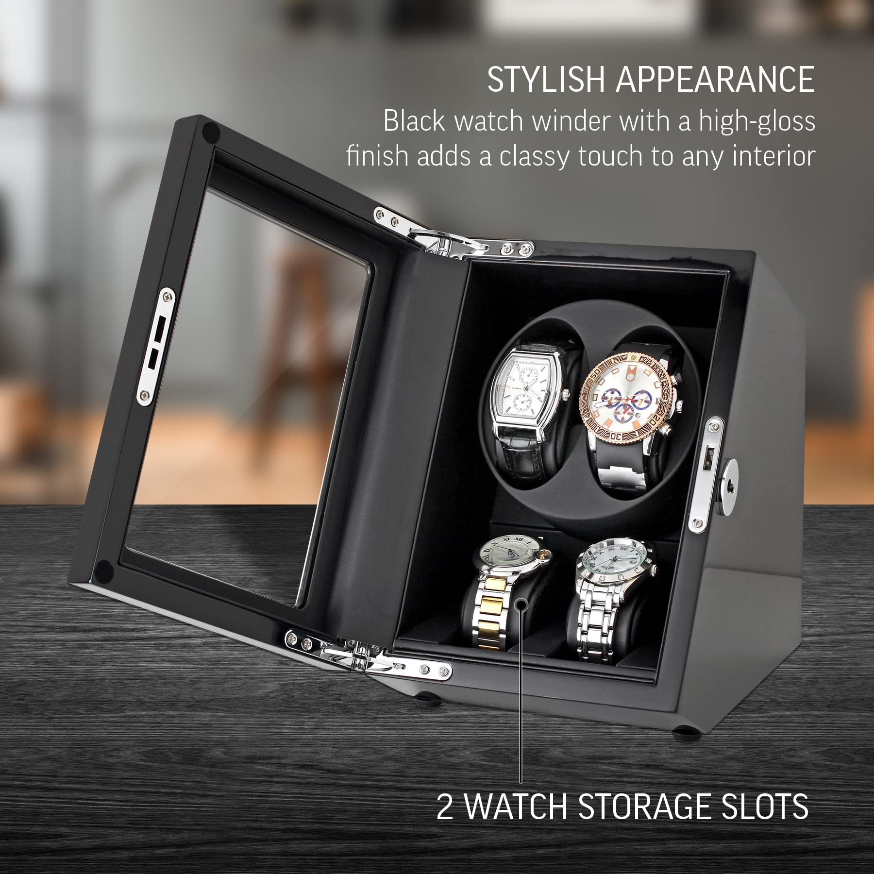 Double Watch Winder with 2 Storage Slots and Battery Option (Black + Black)