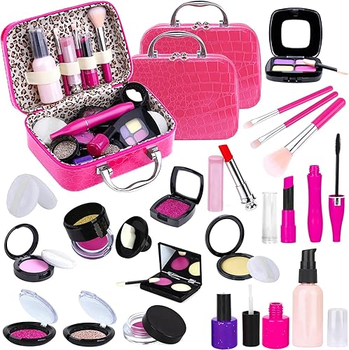 TEPSMIGO Paquete de 2 kits de maquillaje de simulación para niñas, juego de maquillaje para niños, con bolsa de cosméticos para cumpleaños y
