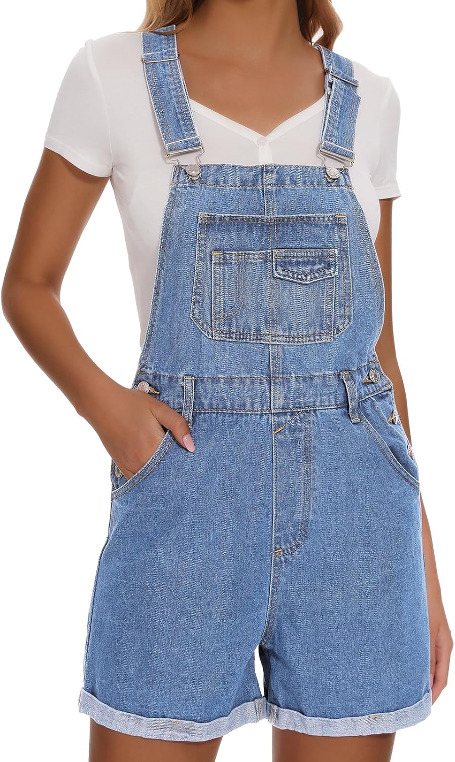 Women's Denim Shortalls Casual Adjustable Straps High Waist Bib Jeans Overalls Shorts Romper with Pockets