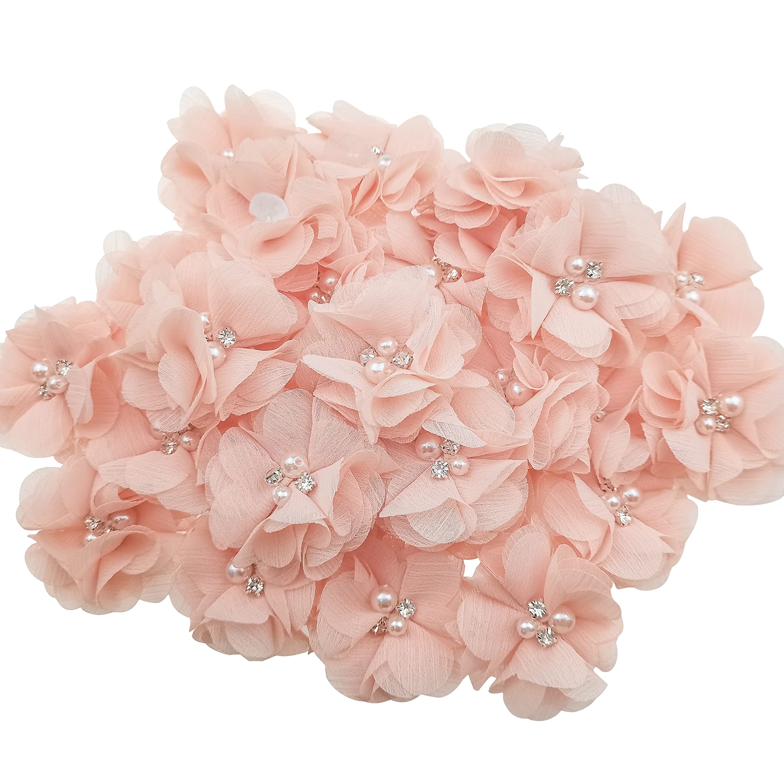 30 PCS Rhinestone Pearl Apricot Color Chiffon Flower Sewing Fabric Appliques for Clothing, Headbands Flower, Crafts, Party Decoration, Sewing Applique