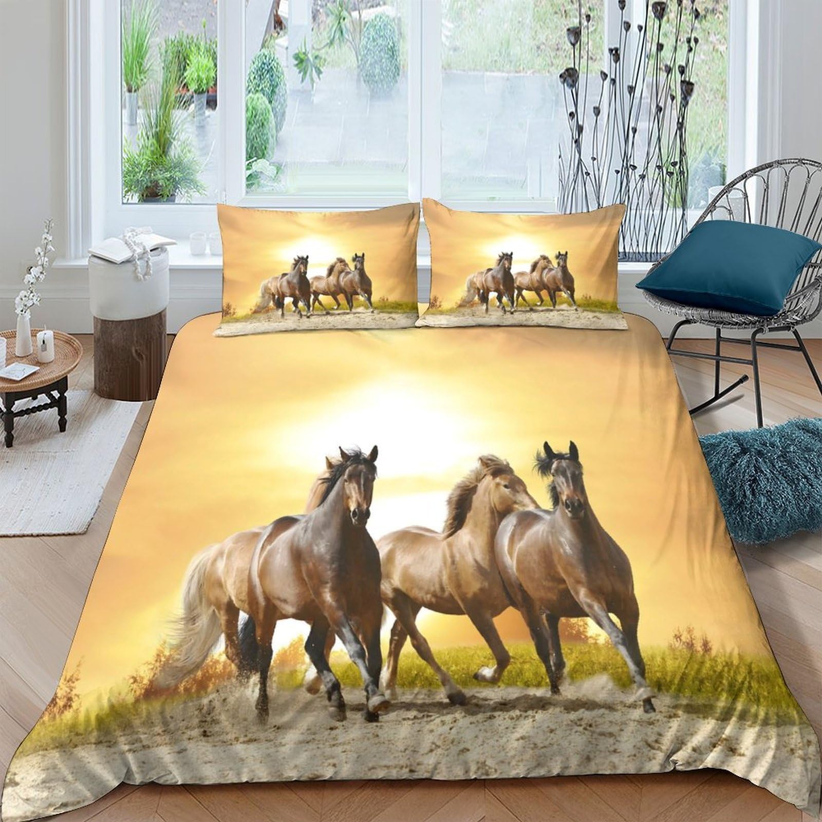 Ctjqhvkz Style-8 3D Printed Wild Horse Fitted Sheet Microfiber Soft Animal Sunrise Bed Cover For Bedroom Guest Room Decor Single（135X200cm）