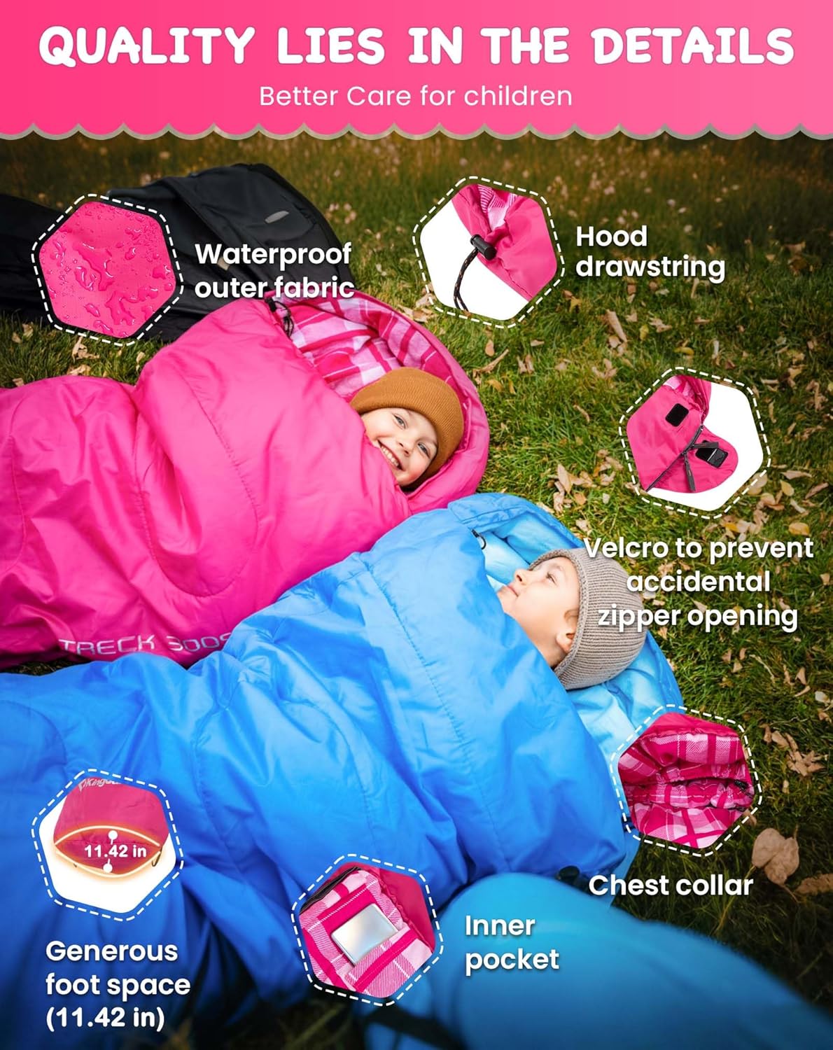 KingCamp 45°F Kids Sleeping Bag, Lightweight Waterproof & Compact Flannel Sleeping Bags Cold Weather & Warm Youth Essentials Gear Accessories for Camping, Fits 10-12 Children up to 4'7"-5'5" Tall
