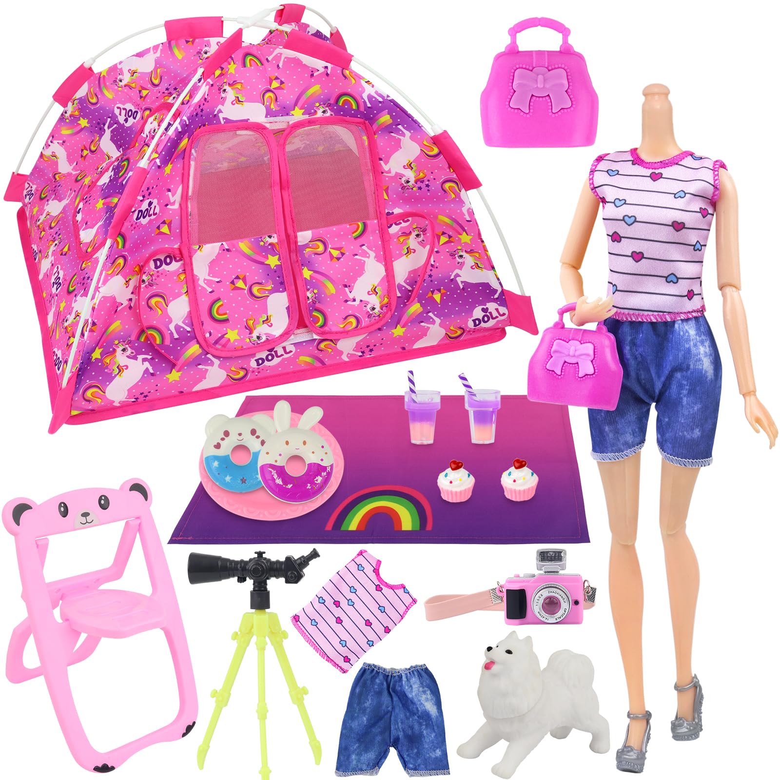 15 Pcs Doll Camping and Accessories Set for 11.5 Inch Girl Dolls Includes Tent, Clothes, Chair, Camera, Drink, Cupcake, Donut, Telescope, Toy Dog, Bag