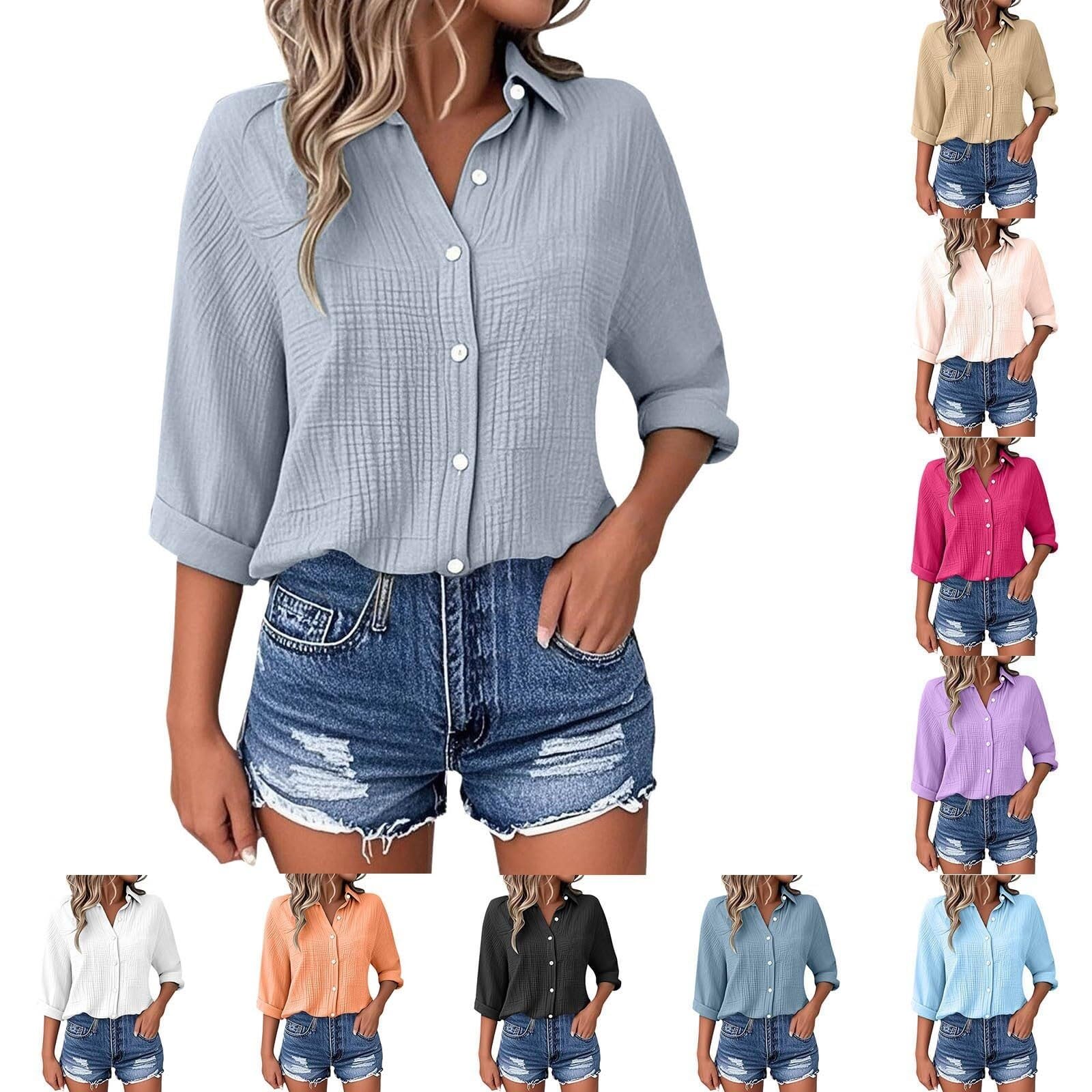 Camicetta da donna in mussola con maniche a 3/4, in cotone e lino, estiva | Maglietta per il tempo libero, casual, con bottoni, classica, estiva, leggermente ariosa