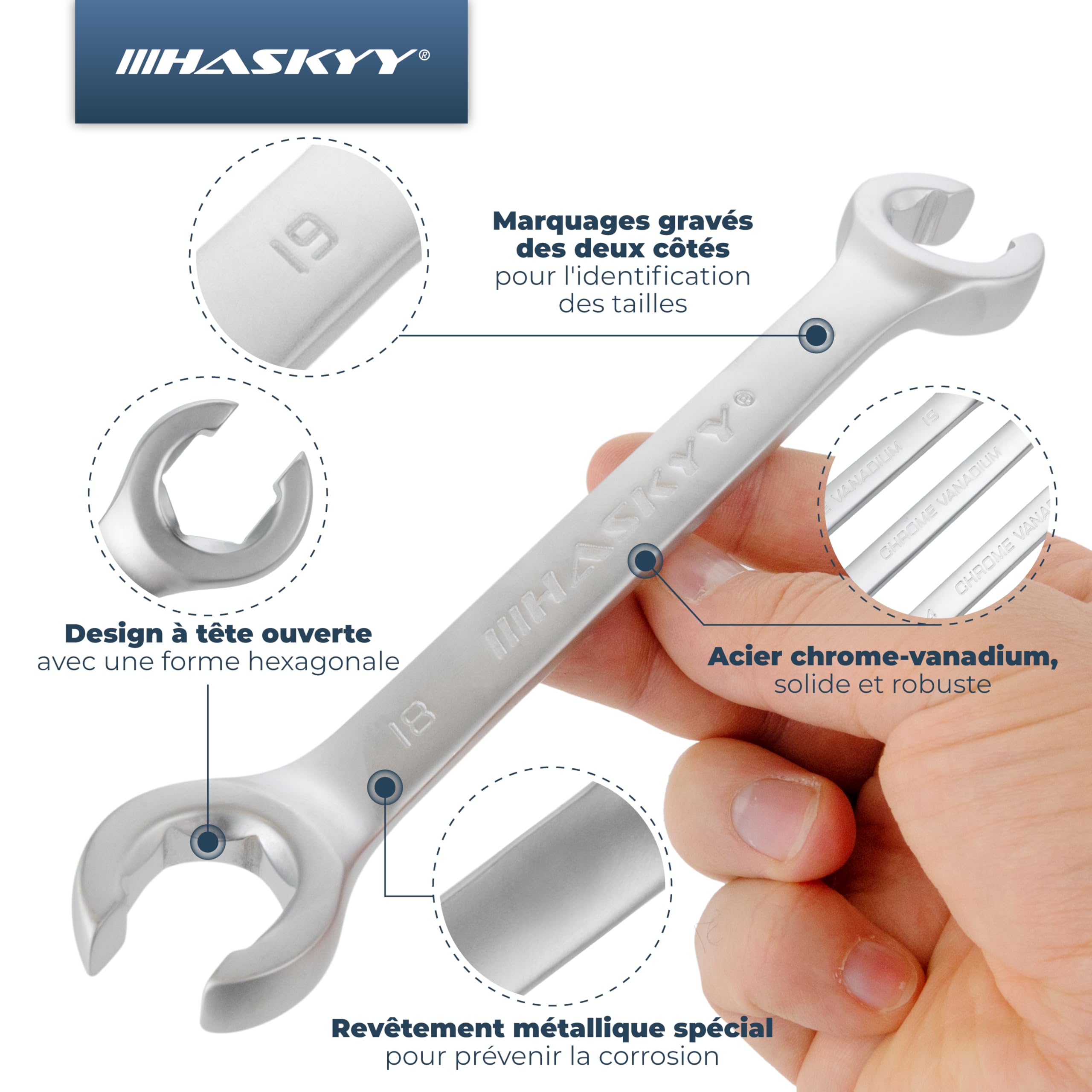 HASKYY Kit de 6 clés plates pour tuyau de frein I clés polygonales ouvertes I clés pour tuyau de frein 8 à 19 mm