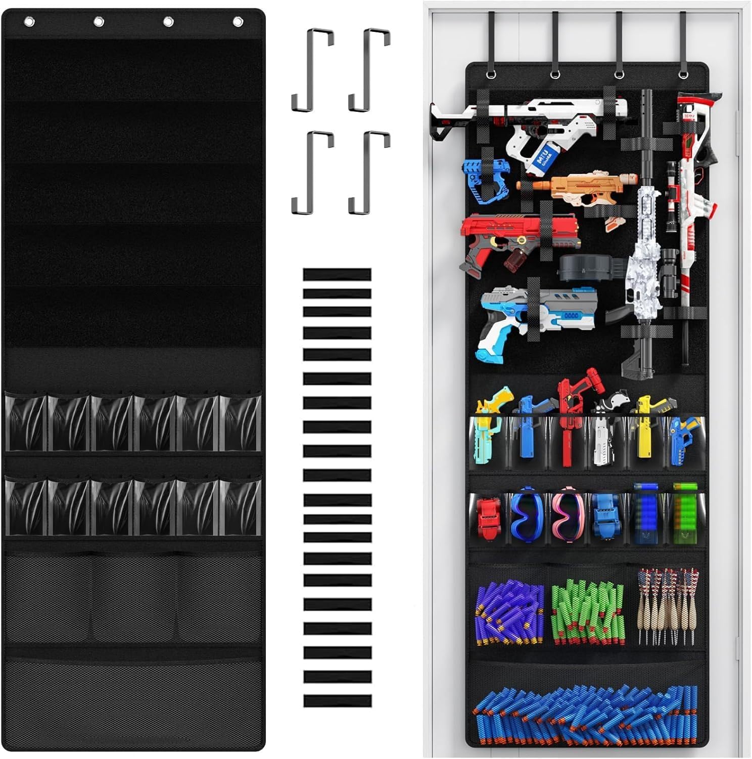 Over Door toy gun Storage Organiser, Large Deep Pockets with Sturdy Hooks, 70 * 23.6, Multi-Layer Mesh Bag with 20 hook and loop fastener Dividers, Bedroom Kids gunToy Holder