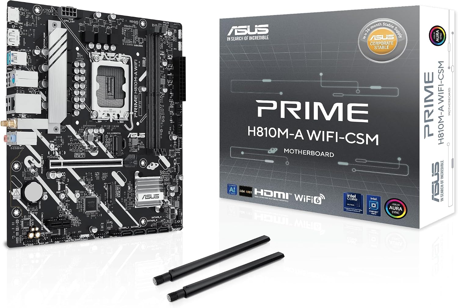 Prime H810M-A WiFi-CSM Intel® H810 LGA 1851 mATX Motherboard, 6+1+1+1 Discrete MOS, DDR5, PCIe 4.0, 2X M.2, Intel® 1Gb Ethernet, Wi-Fi 6, DisplayPort, HDMI™, USB 10Gbps, Front USB 5Gbps Type-C®