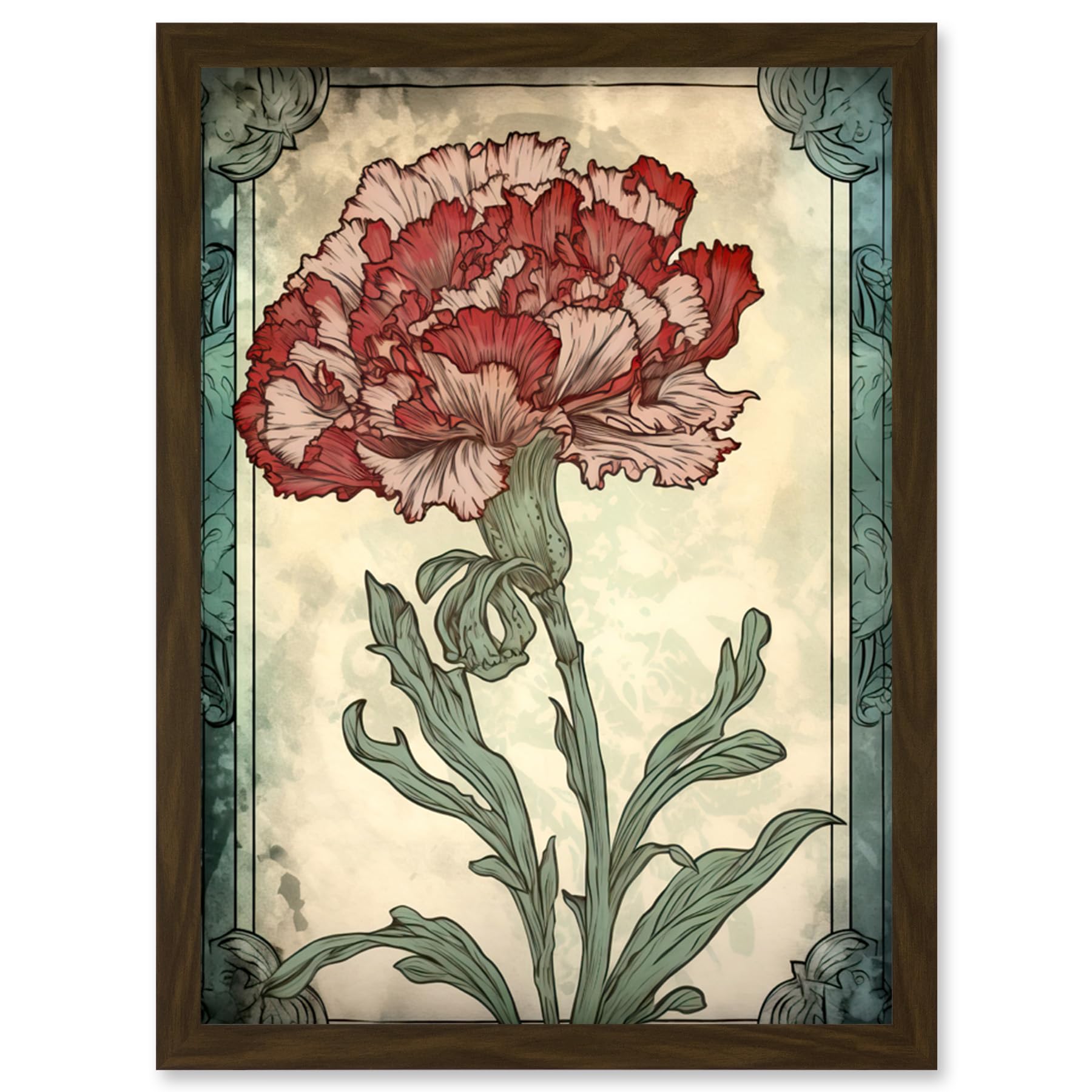 Artery8 Red Carnation Flower Bloom Watercolour Art Nouveau Artwork Framed Wall Art Print A4