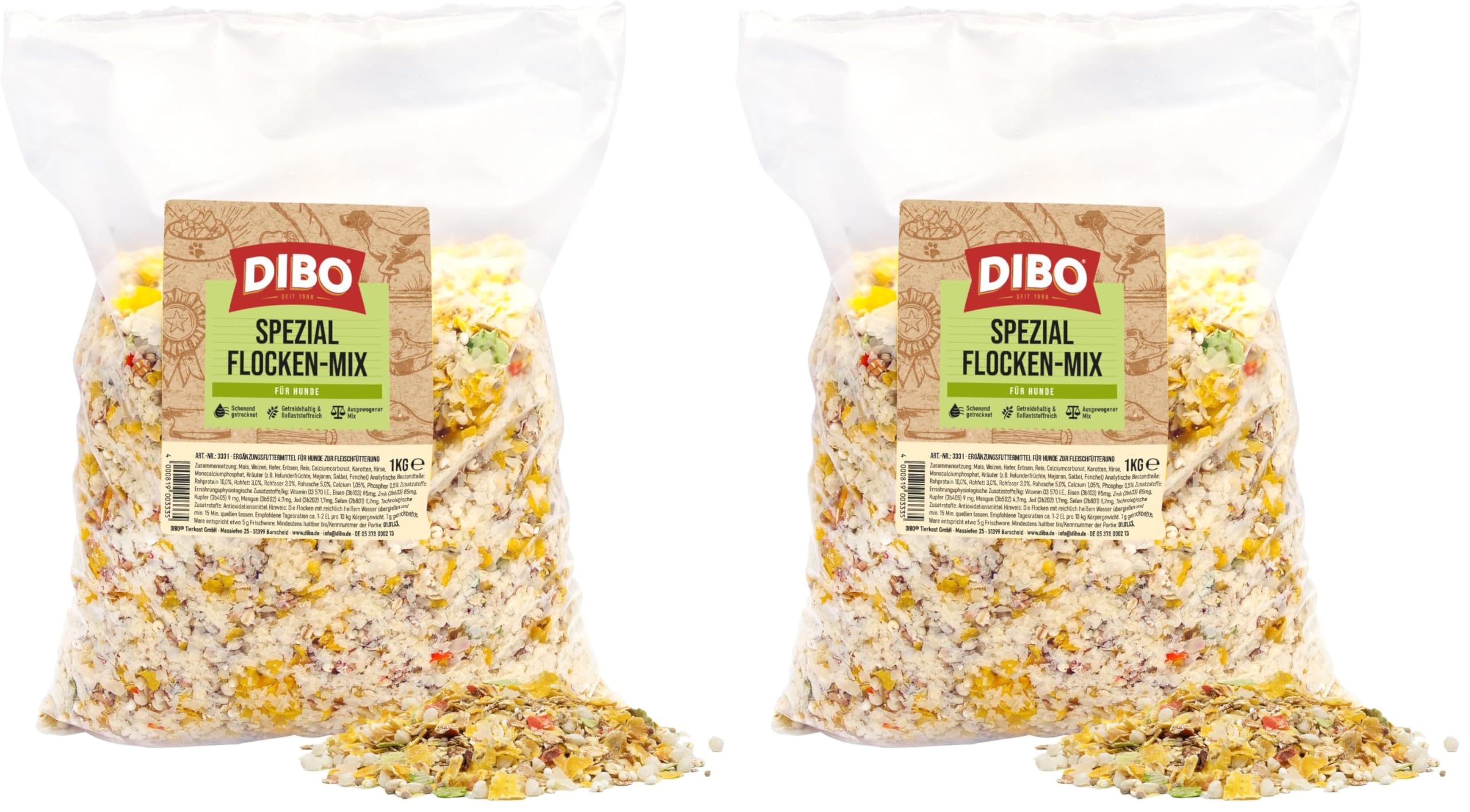 Spezial-Flocken-Mix, 1kg-Beutel, Nahrungsergänzung als gesunde, natürliche Ernährung für Hunde von DIBO, Hundefutter, Barf, B.A.R.F. (Packung mit 2)