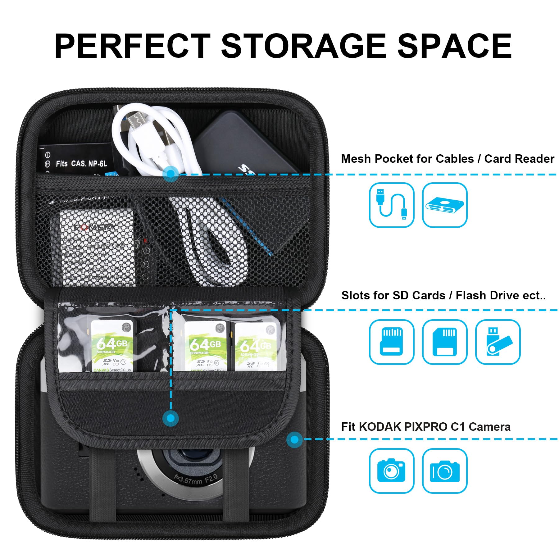 Lacdo Étui de Transport Caméra pour Kodak PIXPRO C1 Friendly Zoom Digital Camera, Sac de Transport Rigide pour Caméra EVA de Protection, Compatible avec Batteries, Câble USB, Carte SD, Noir
