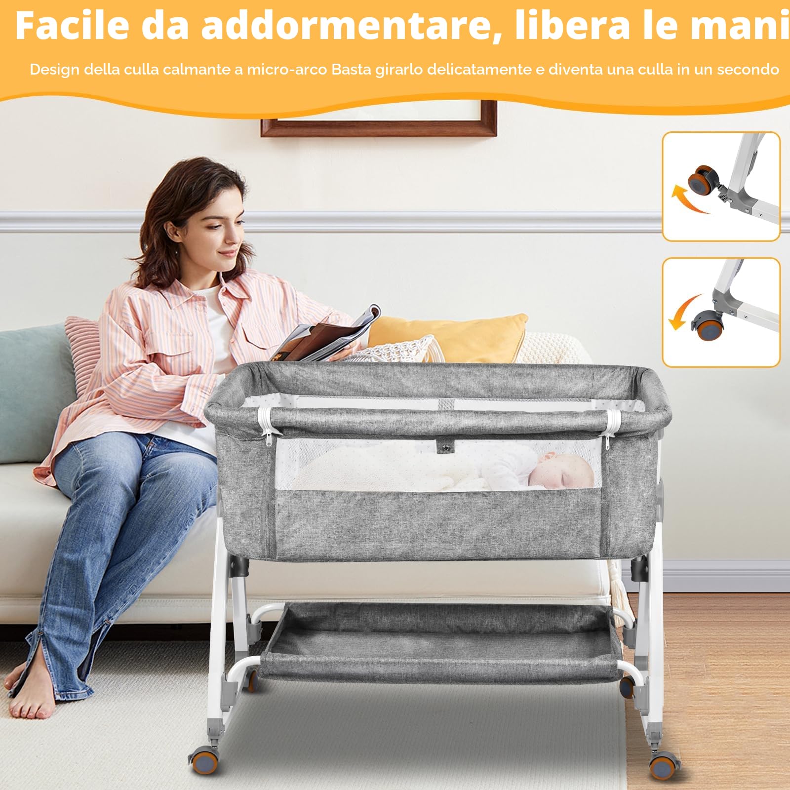 NIKYJM 3 in1 Culla Neonato Lettino Neonato 6 Regolazioni in Altezza Culla con Materasso Morbido e Culla per Bambini su Ruote Frenate Culla Next to me Compatibilità con Più Tipi di Letto