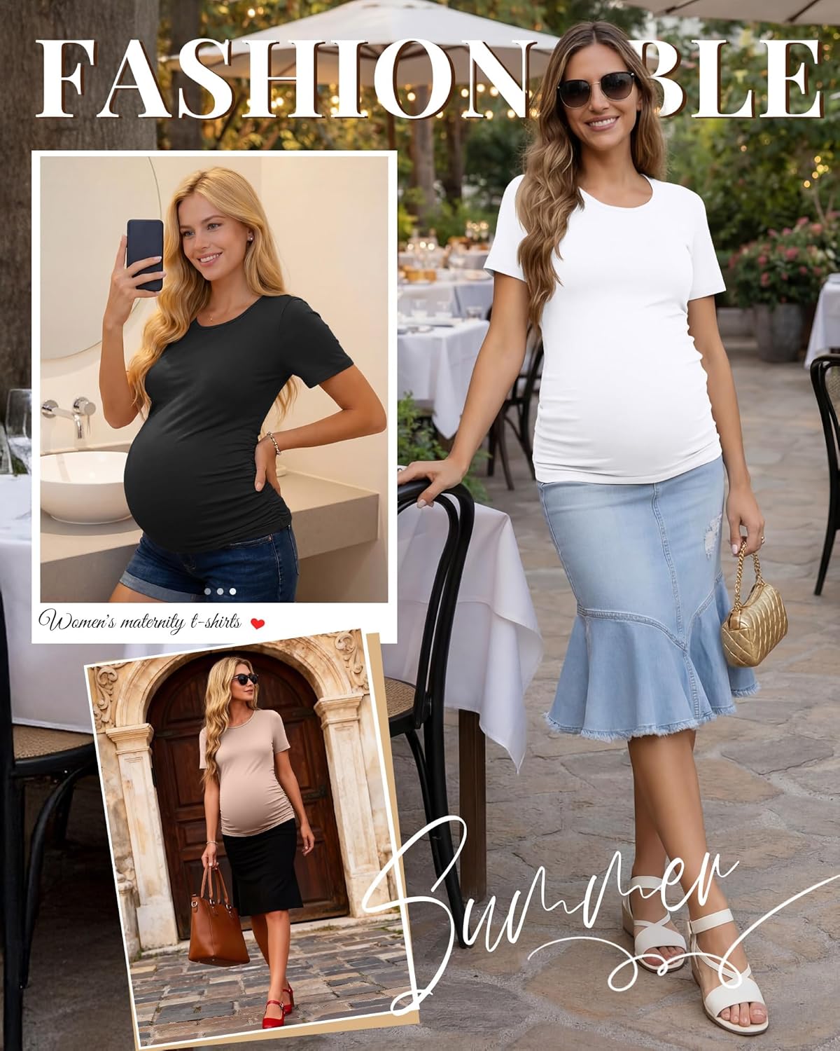 Ficerd 3 Pack Women's Maternity T-Shirts, Short Sleeve Maternity Tops Comfy Crew Neck Side Ruched Pregnancy Clothes - Image 3