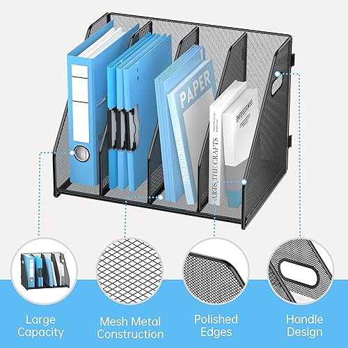 Vista 9 de SUPEASY Organizador de carpetas, soporte para archivos de revista con 5 compartimentos verticales, organizador de archivos de escritorio de metal