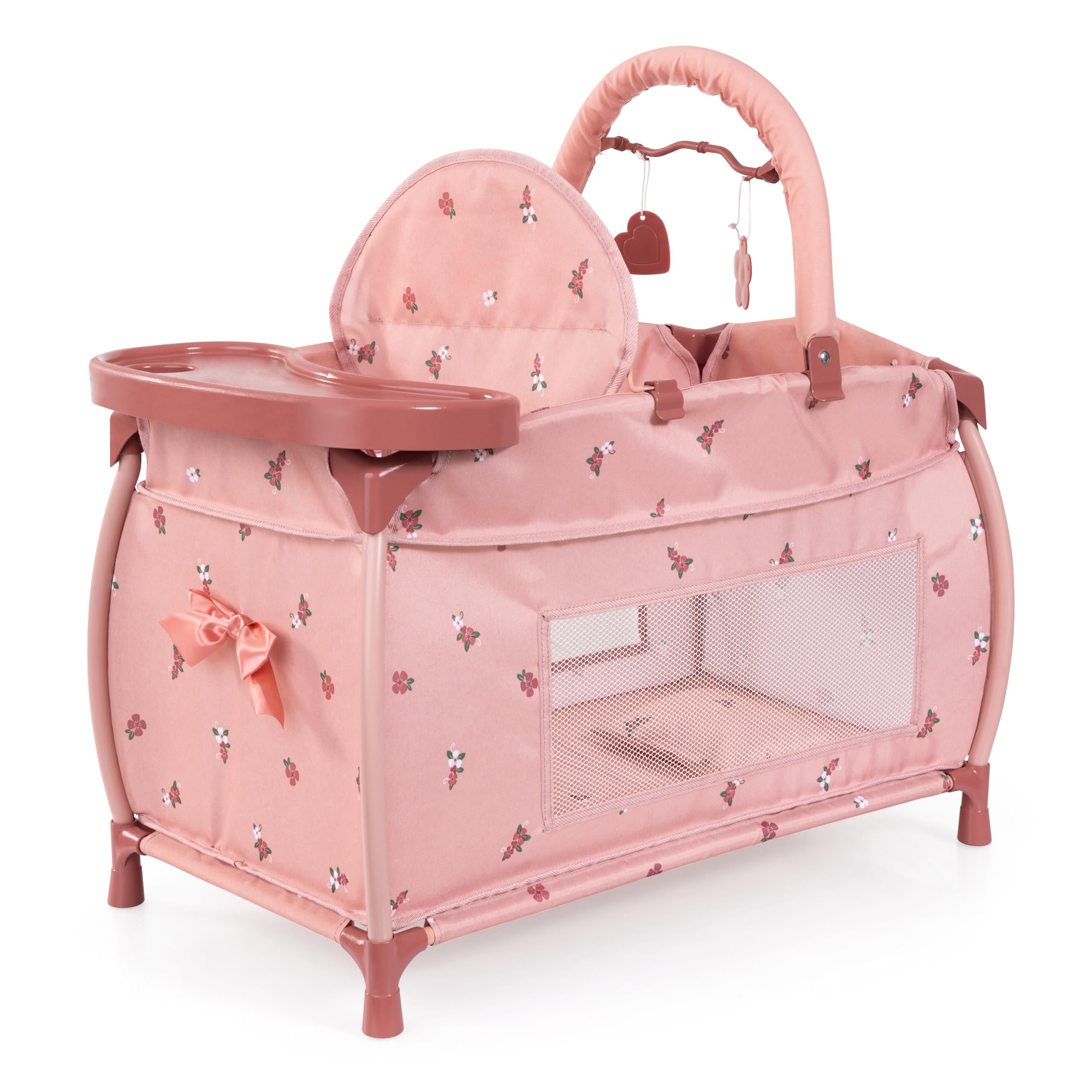 Doll's bed with integrated high chair, dining tray, mobile