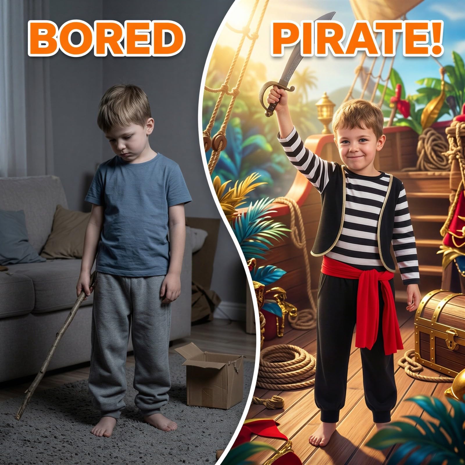 Costume da pirata per ragazzi, completo con camicia a righe e tuta, include copertura per gli occhi, per Halloween, feste di ruolo