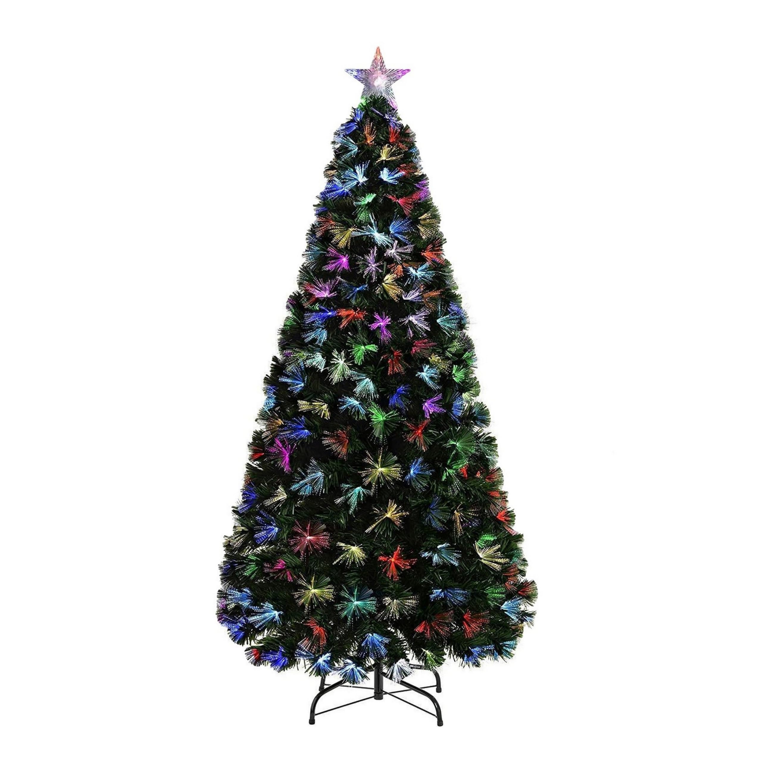 6Ft/180cm Fibre Optic Christmas Tree with Star Topper - Firework Flower Light Effect - Pre-Lit Green Artificial Xmas Tree - Multicolor Changing Lights
