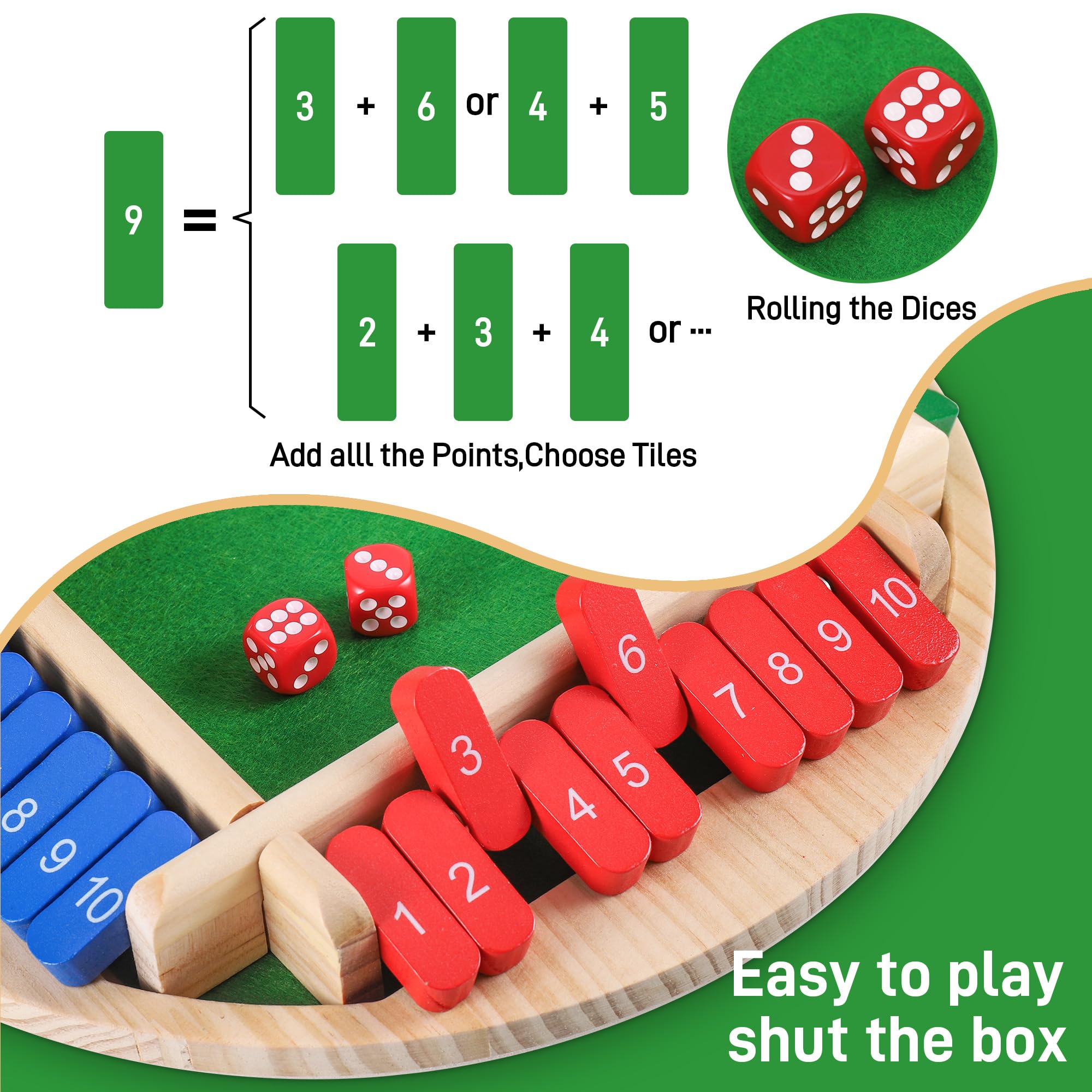 Shut The Box Jeu de dés, Shut The Box, fermez la boîte, jeu de dés en bois, jeu de chiffres mathématiques 4 joueurs pour activités de plein air, KTV, voyages, fêtes