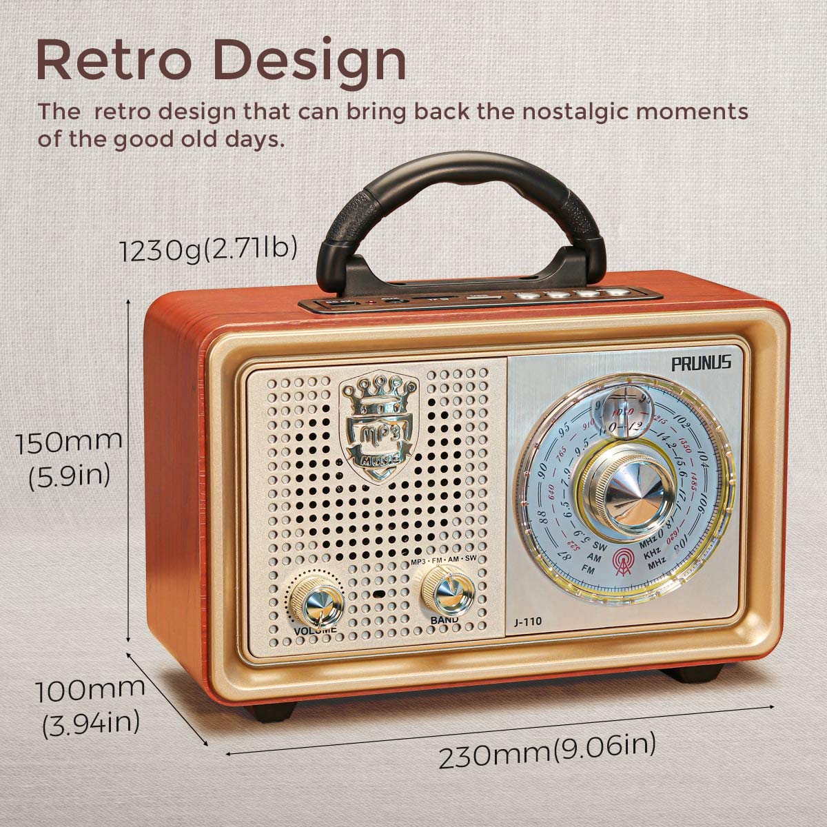 PRUNUS J-110 AM/FM/SW Retro Radio mit Bluetooth, Nostalgie Radio mit 3 Stromversorgungsoptionen, Gehäuse in Holzoptik, 5W-Lautsprecher mit Verbesserter Bass, Unterstützt USB/TF/AUX. Gold