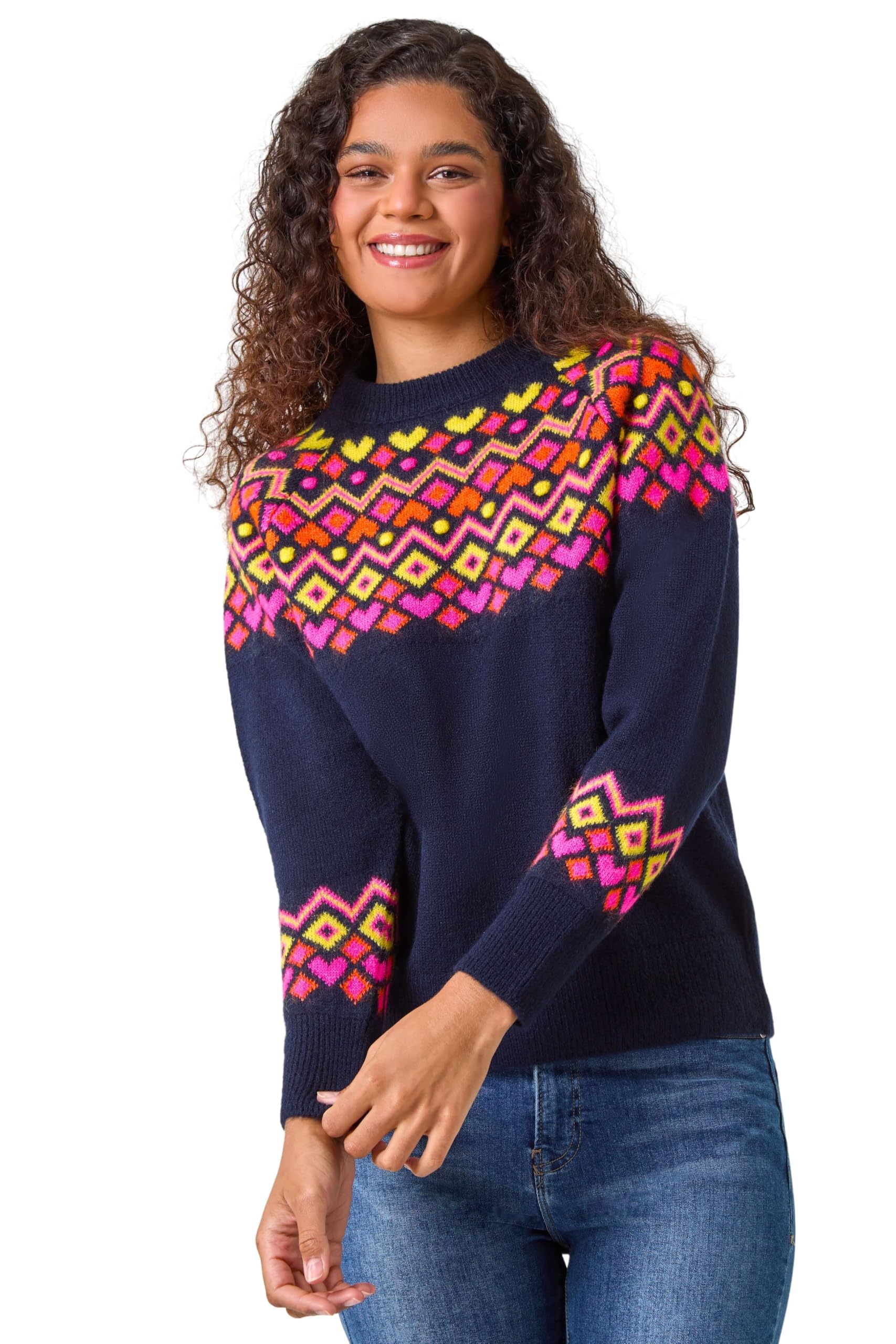 Roman Originals Heart Print Crew Neck Knit Jumper for Women UK - Ladies Everyday Autumn Winter Comfy Soft Evening Vacation Work Party Night Out - Midnight Pink - Size 16
